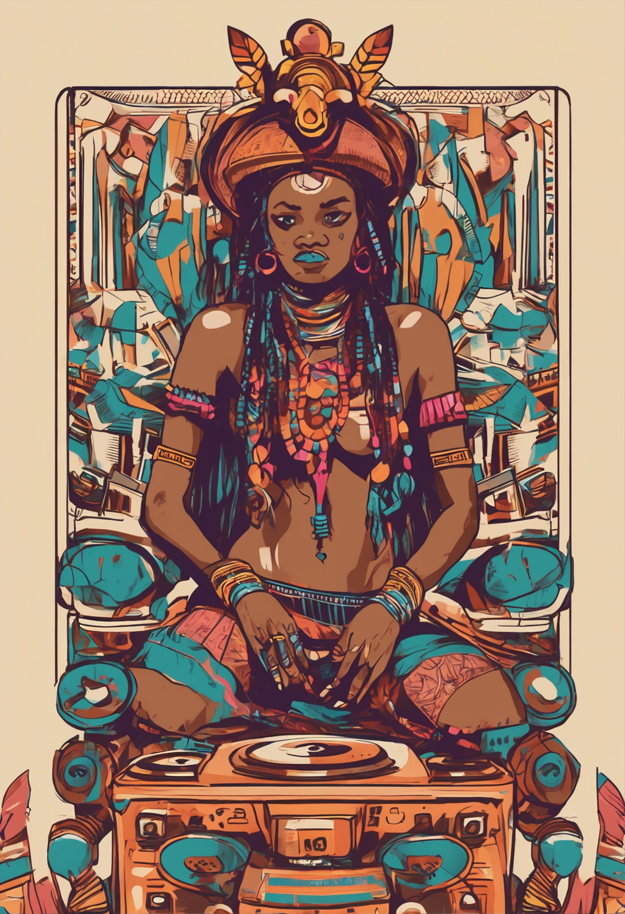 anizonian females at a traditional tribe tribe make up shock intrigued surprised looking at dj viynls decks the unknown