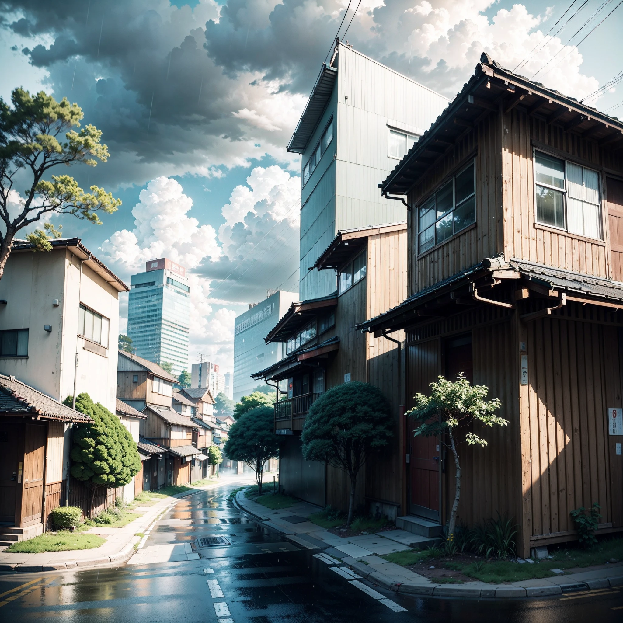 raining, gloomy weather. Japanese bus stop, surrounded by trees and vegetation on one side of the street and modern japanese buildings on the other side. Best quality. No one in sight. Anime. Anime style. lofi. dramatic weather. wide view, wide angle. Next to street. Modern village