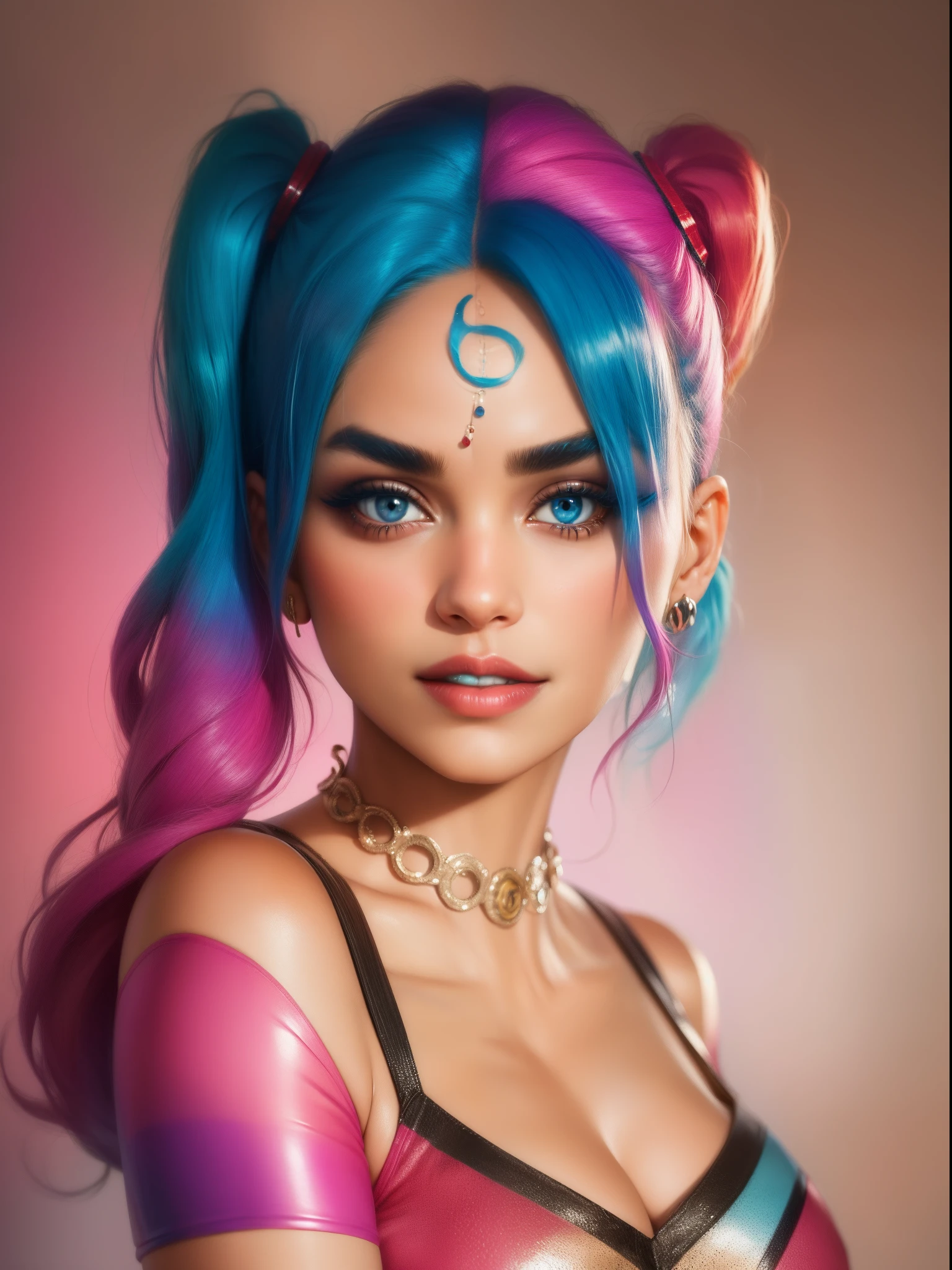 "prompt": "Describe the face of {{cute mrunalt}} as Harley Quinn, with pink and blue hair color.", "context": "mrunalt's portrayal of Harley Quinn brings a captivating and distinctive face to life, accentuated by her vibrant pink and blue hair color. As Harley Quinn, her face is a captivating combination of mischief and charm. mrunalt's features perfectly embody the playful yet unpredictable nature of the character. Her jawline is defined and carries a hint of rebellion, adding to the edginess and boldness of her appearance. Her eyes are striking and filled with a mischievous glint, reflecting Harley Quinn's unpredictable personality. {{cute mrunalt's}} eyebrows are expressive and often emphasized, adding to the intensity of her gaze. Her lips are a focal point, often adorned with vibrant and attention-grabbing lipstick, radiating both playfulness and seduction. Her nose has a natural shape that harmonizes with the rest of her facial features. {{cute mrunalt's}} complexion is typically portrayed with a flawless and luminous quality, enhancing the youthful and energetic side of Harley Quinn. Her face showcases a unique blend of animated expressions and a captivating balance of soft and sharp features. Combined with her pink and blue hair color, her face becomes a true embodiment of Harley Quinn's colorful and daring persona. {{cute mrunalt's}} face, complemented by her vibrant hair color, creates an iconic and unforgettable image that captures the essence of the beloved character, with the use of negative space."