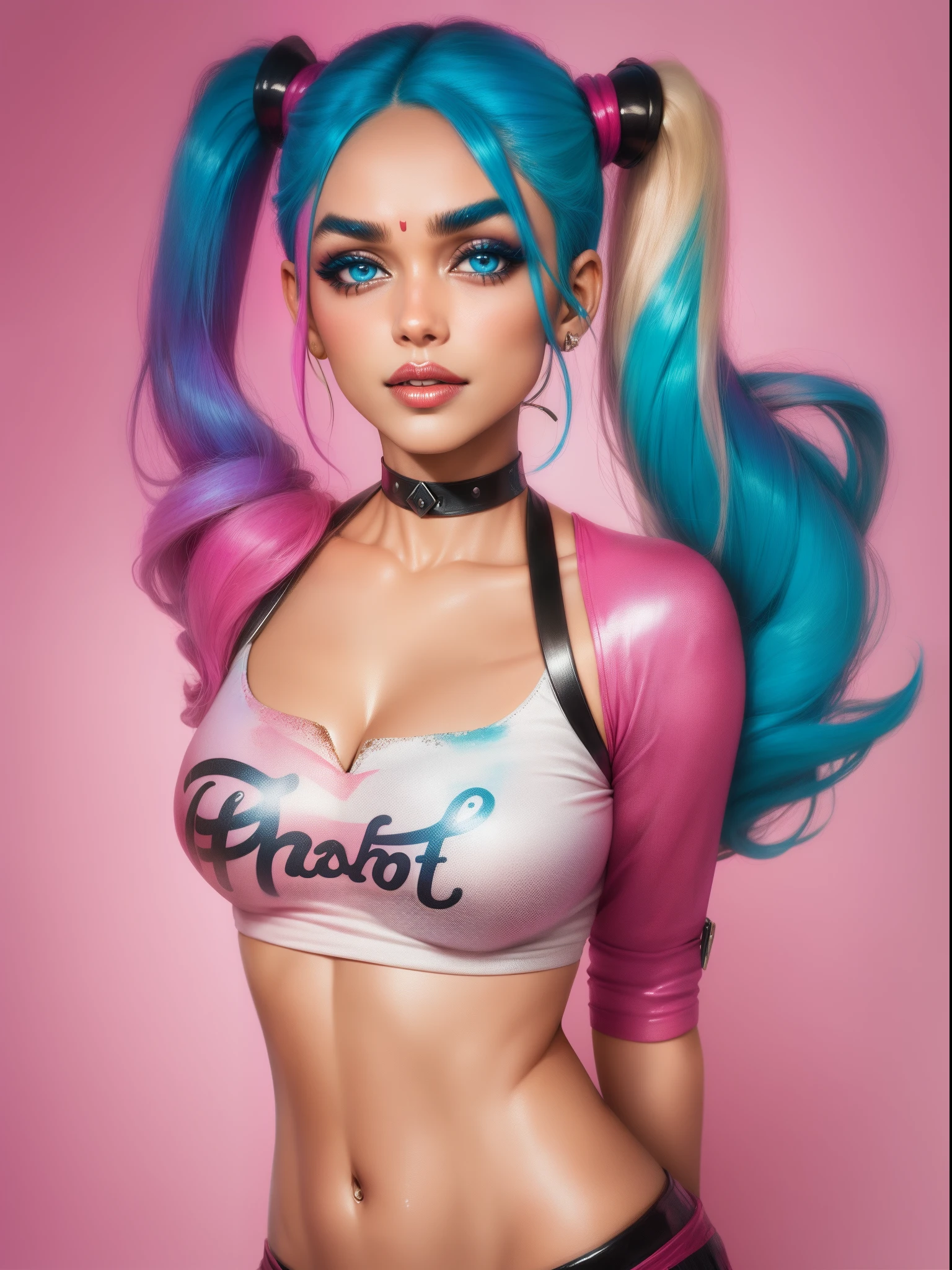 "prompt": "Describe the face of {{cute mrunalt}} as Harley Quinn, with pink and blue hair color.", "context": "mrunalt's portrayal of Harley Quinn brings a captivating and distinctive face to life, accentuated by her vibrant pink and blue hair color. As Harley Quinn, her face is a captivating combination of mischief and charm. mrunalt's features perfectly embody the playful yet unpredictable nature of the character. Her jawline is defined and carries a hint of rebellion, adding to the edginess and boldness of her appearance. Her eyes are striking and filled with a mischievous glint, reflecting Harley Quinn's unpredictable personality. {{cute mrunalt's}} eyebrows are expressive and often emphasized, adding to the intensity of her gaze. Her lips are a focal point, often adorned with vibrant and attention-grabbing lipstick, radiating both playfulness and seduction. Her nose has a natural shape that harmonizes with the rest of her facial features. {{cute mrunalt's}} complexion is typically portrayed with a flawless and luminous quality, enhancing the youthful and energetic side of Harley Quinn. Her face showcases a unique blend of animated expressions and a captivating balance of soft and sharp features. Combined with her pink and blue hair color, her face becomes a true embodiment of Harley Quinn's colorful and daring persona. {{cute mrunalt's}} face, complemented by her vibrant hair color, creates an iconic and unforgettable image that captures the essence of the beloved character, with the use of negative space."