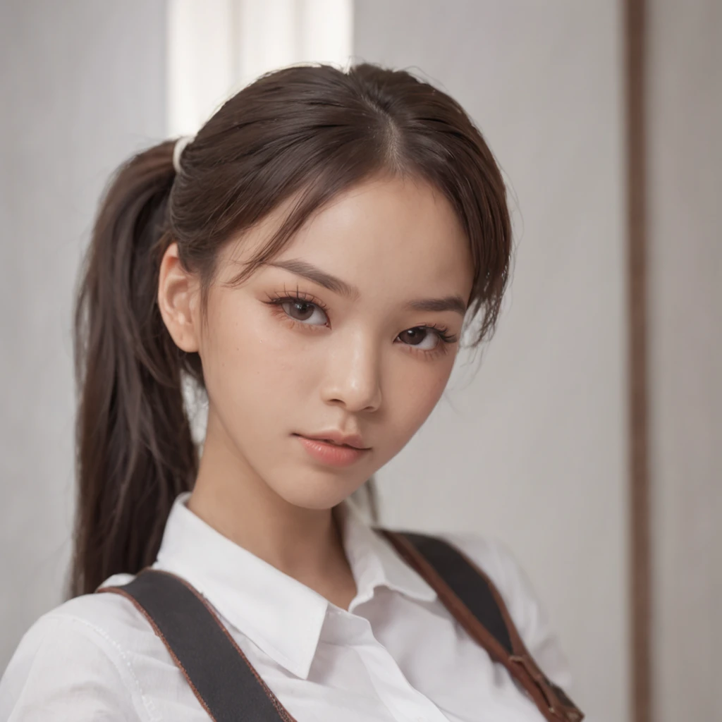best quality, high detail, (detailed face), detailed eyes,((best quality, masterpiece)), ((2 caramel skinned African girl)), school uniform, (arms at side:1.2), groin,big hip bones, ponytail, black hair, (((underboob))), standing, indoors, facing side ways,bedroon in bed, selfy