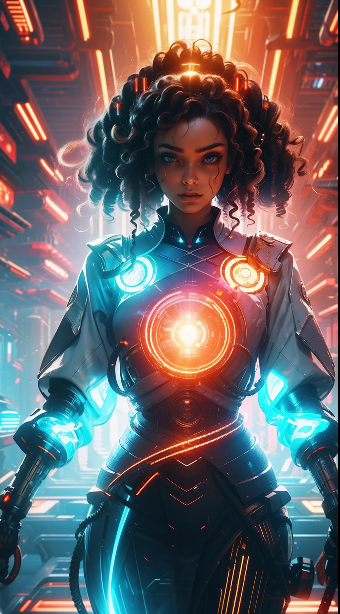 Futuristic portrait of a usa businesswoman with drill hair, regal ringlets, corkscrew curls, sci-fi, tech wear, glowing lights, direct gaze, symmetry, depth of field, intricate, elegant, highly detailed, digital painting, artstation, concept art, smooth, sharp focus, illustration, art by Greg Rutkowski, and Borris Vallejo, lense flare effects, Unreal engine 5 effects.