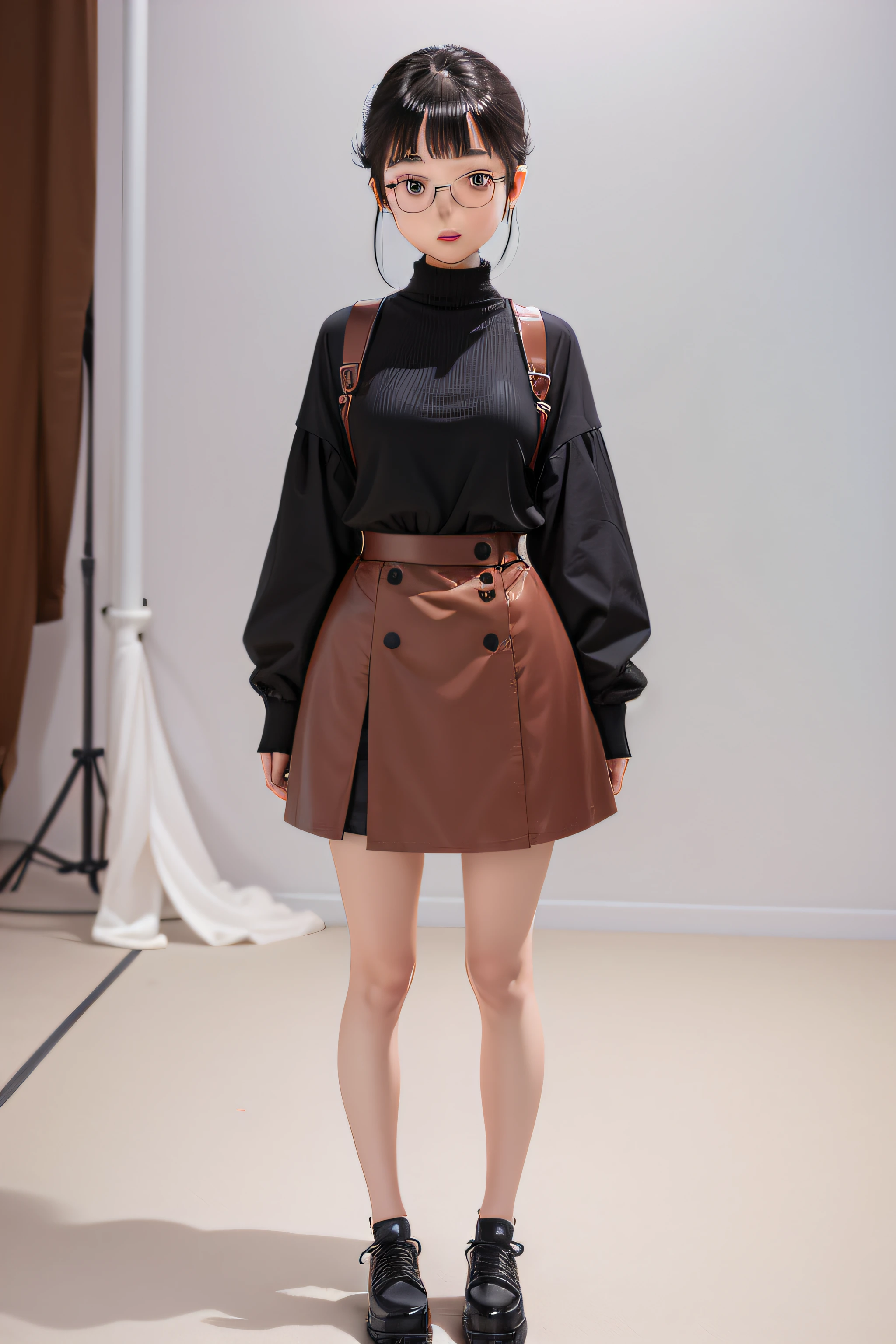 Mori beauty,Petite figure,Height is about 150cm,flatchest,adolable,Mori girl,com um rosto quadrado,Wear rimless glasses,You can see the whole body,Qi bangs,Air bangs