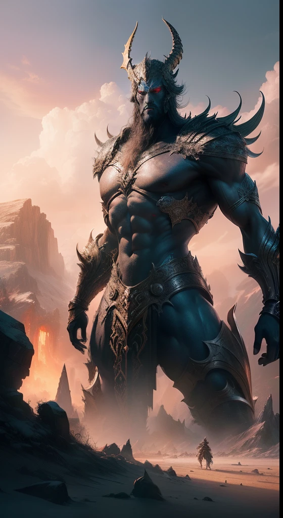 An epic digital artwork depicting the mythological entities of Gog and Magog, (horrid, fearsome, Ancient, immensity, Mythical), Created using advanced CGI technology, Showcase their immense scale and intimidating presence in a post-apocalyptic landscape