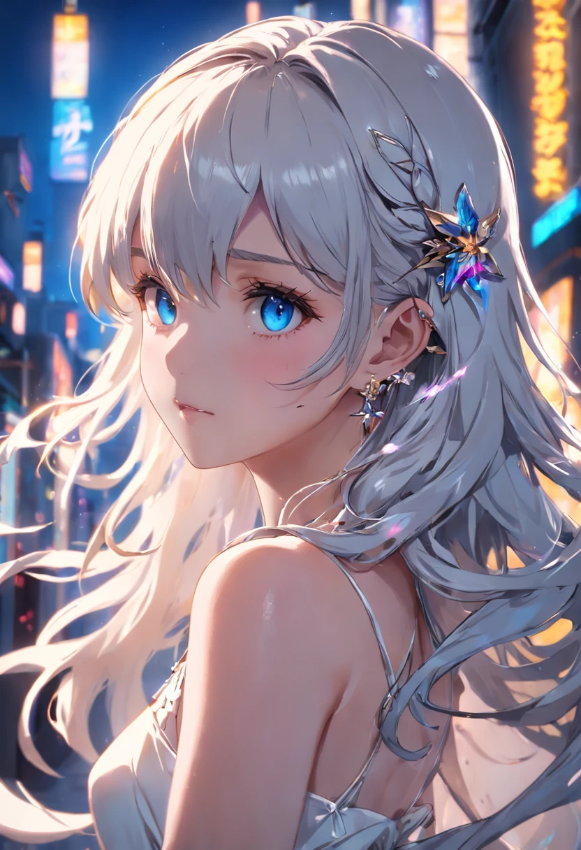 masterpiece, best quality, illustration, sax blue, platinum earrings, platinum necklace, white dress, 1girl, cute, (dynamic lighting:1.2), cinematic lighting, delicate facial features, detailed eyes, sharp pupils, realistic pupils, depth of field, bokeh, sharp focus, (hyper-detailed, bloom, glow:1.4), many small gems