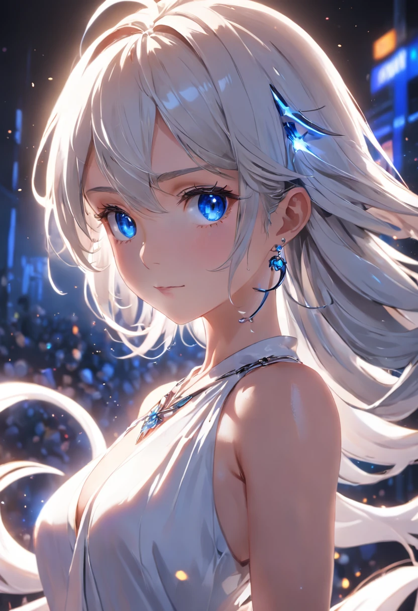 masterpiece, best quality, illustration, sax blue, platinum earrings, platinum necklace, white dress, 1girl, cute, (dynamic lighting:1.2), cinematic lighting, delicate facial features, detailed eyes, sharp pupils, realistic pupils, depth of field, bokeh, sharp focus, (hyper-detailed, bloom, glow:1.4), many small gems