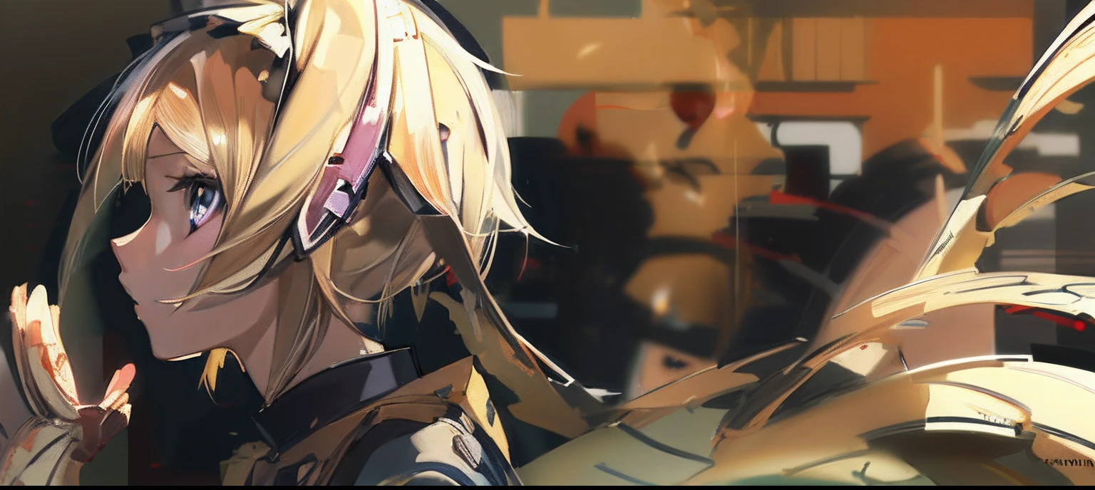 Anime girl with blonde hair and blue eyes looking at guy, Anime. Soft lighting, kagamine rin, middle close up shot, profile of anime girl, anime style 4 k, Lori, made with anime painter studio, Rin, up close shot, by Shingei, anime styled」, Anime style mixed with Fujifilm, artwork in the style of guweiz