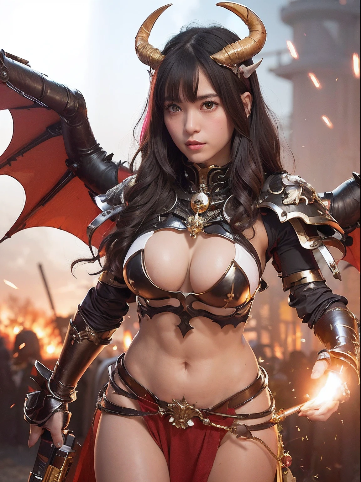 Professional , masterpiece、top-quality、photos realistic , depth of fields 、(A dark-haired) 、(Gemstone White Metal Body:1.4),(Matte Pink White、Jewel Gold Weapon、(maikurobikini),Gorgeous metal weapons ,Particles of light、(Fight dragons)、(Black wings)、(( Detailed and gorgeous sword of the brave)) ,Light Effects、intense fighting、Wind-effect、magic circles、 (A dark-haired) ,Fight legions of soldiers in skeleton armor 、With the legendary magic wand、Dragon's tail、explosions、((maikurobikini))、((Gangle's forest background))、Beautiful Caucasian beauty、1a person、dynamic ungle,(((Details of the two demon horns on the head)))、Smaller head、A smile、Background inside the castle、Thin and beautiful female hands、cleavage of the breast、Mystical expression、Light Effects、Wind-effect、(wingspan)、Toostock、Anatomically correct body、Battle Pose、