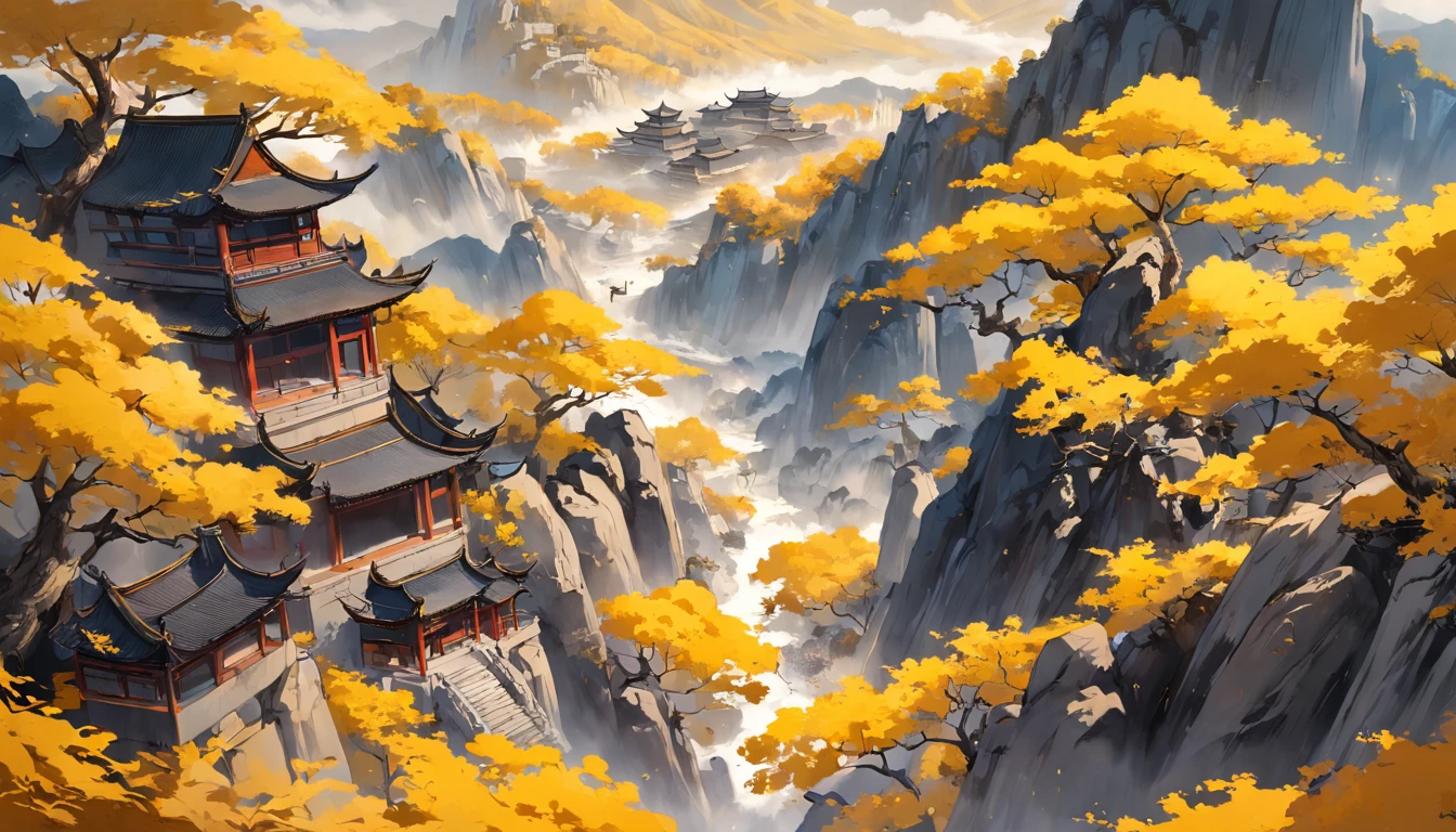 Chinese Landscape Ink Painting High Angle Perspective OC Rendered Sculpture, yellow trees and hills