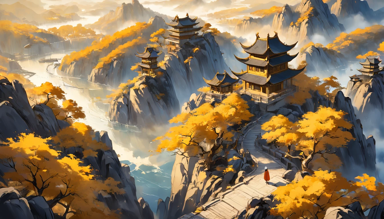 Chinese Landscape Ink Painting High Angle Perspective OC Rendered Sculpture, yellow trees and hills
