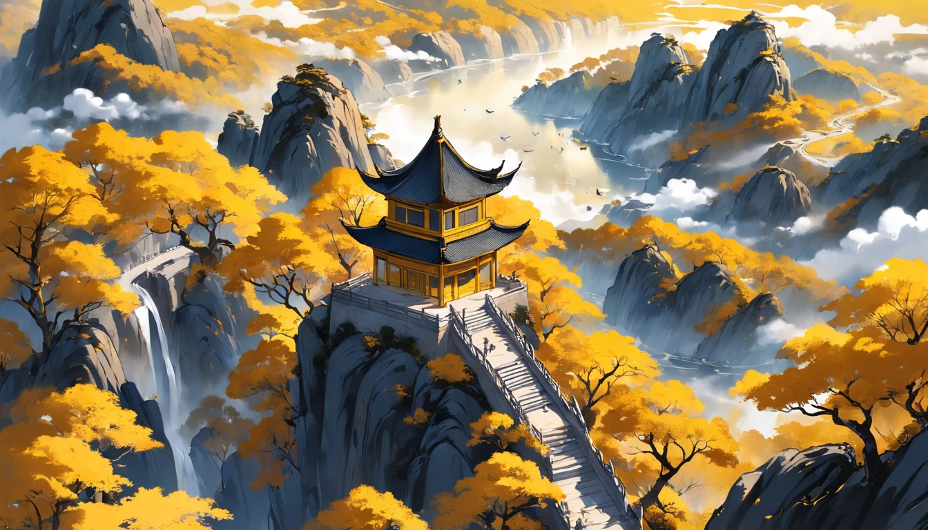 Chinese Landscape Ink Painting High Angle Perspective OC Rendered Sculpture, yellow trees and hills