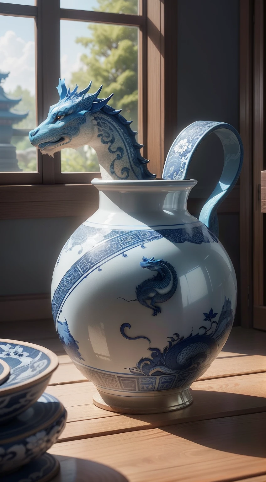 Ancient Chinese blue and white porcelain vase,Close-up of details,,Well-made porcelain vases,Sleek shape,A coiled dragon is carved around the bottle,Delicate blue and white enamel,The porcelain vase has a beautiful three-dimensional painting pattern,Porcelain white bottle,Convex three-dimensional pattern of blue lines,Intricate patterns of ancient animals and figures,Dazzling light,Elevation viewing angle,In the background is an old Chinese living room,Carved wooden coffee table,Features a layered depth of field effect(light and shadow effect),(Depth of field effect),(Tyndall),(Light particle tracing),(CG),(Cinematic lighting visuals),(Volumetriclighting),(Unreal 5),(cinema4d),(vivd colour),(Obvious layers),(Photography Award),(8k wallpaper),(Masterpiece),(best qualtiy), photorealestic,realisticlying
