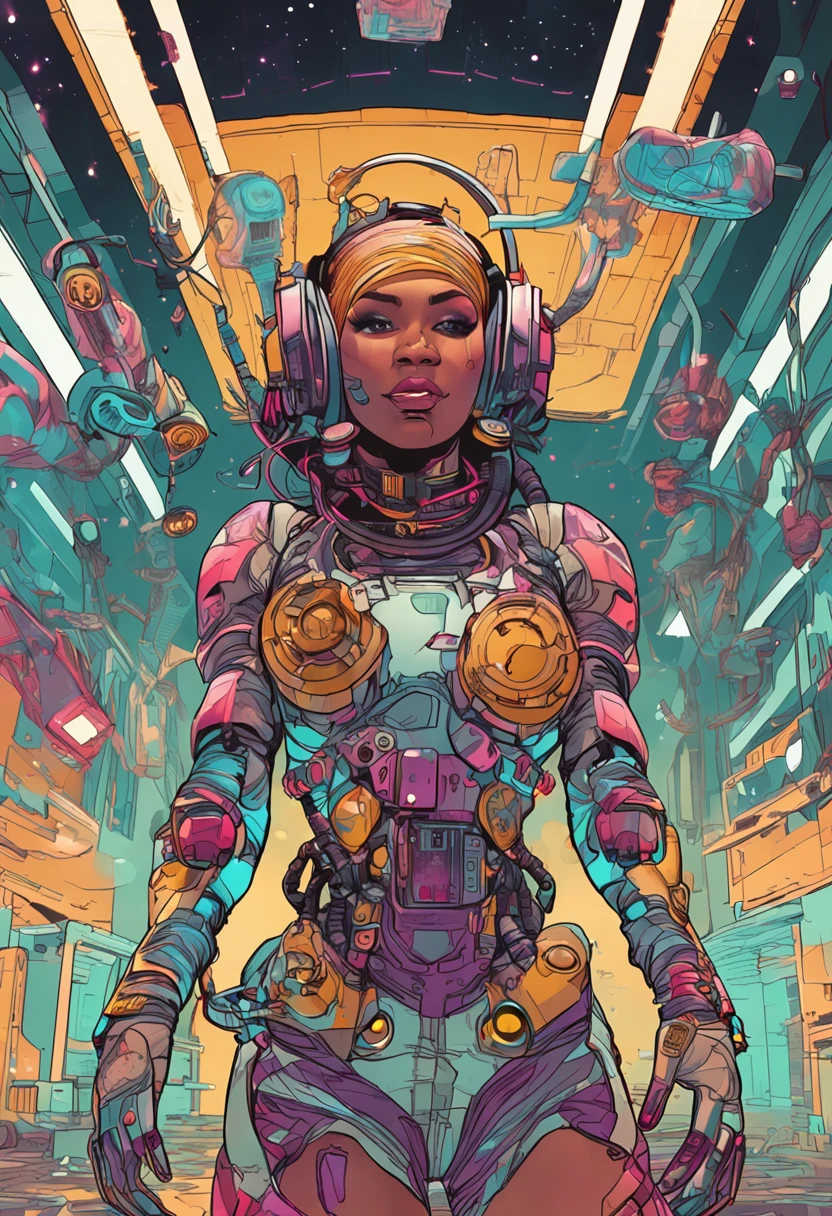 savage girl. Anthropomorphic beautiful - looking cyborg girl. Detailed visualization hip-hop, sci-fi ship crew, in mid-air gangsta West Coast hip-hop stance, intense dancing moving choreography, gang signs, representing space gang flashy corridoor light show bright rbg lights insane incarnate details