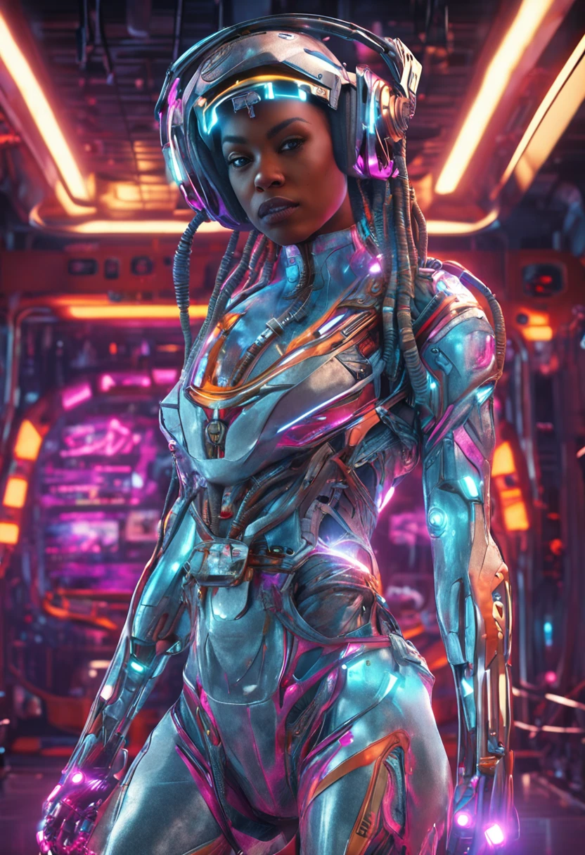 savage girl. Anthropomorphic beautiful - looking cyborg girl. Detailed visualization hip-hop, sci-fi ship crew, in mid-air gangsta West Coast hip-hop stance, intense dancing moving choreography, gang signs, representing space gang flashy corridoor light show bright rbg lights insane incarnate details