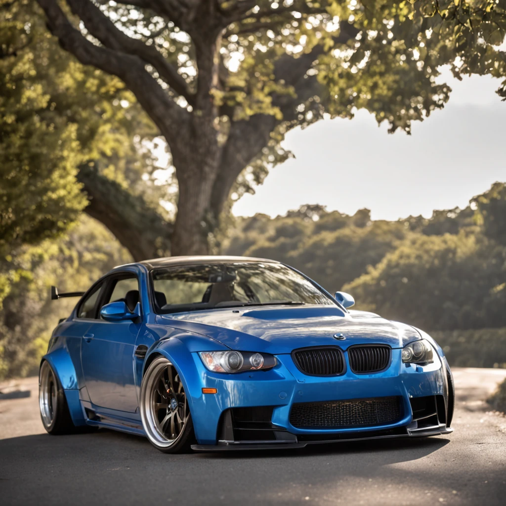 Bmw with liberty walk bodykit, bule colour car, riding on the road, background is sky, in sunshine morning, The direction of the front of the car is on the left, Don’t make photos too cartoony