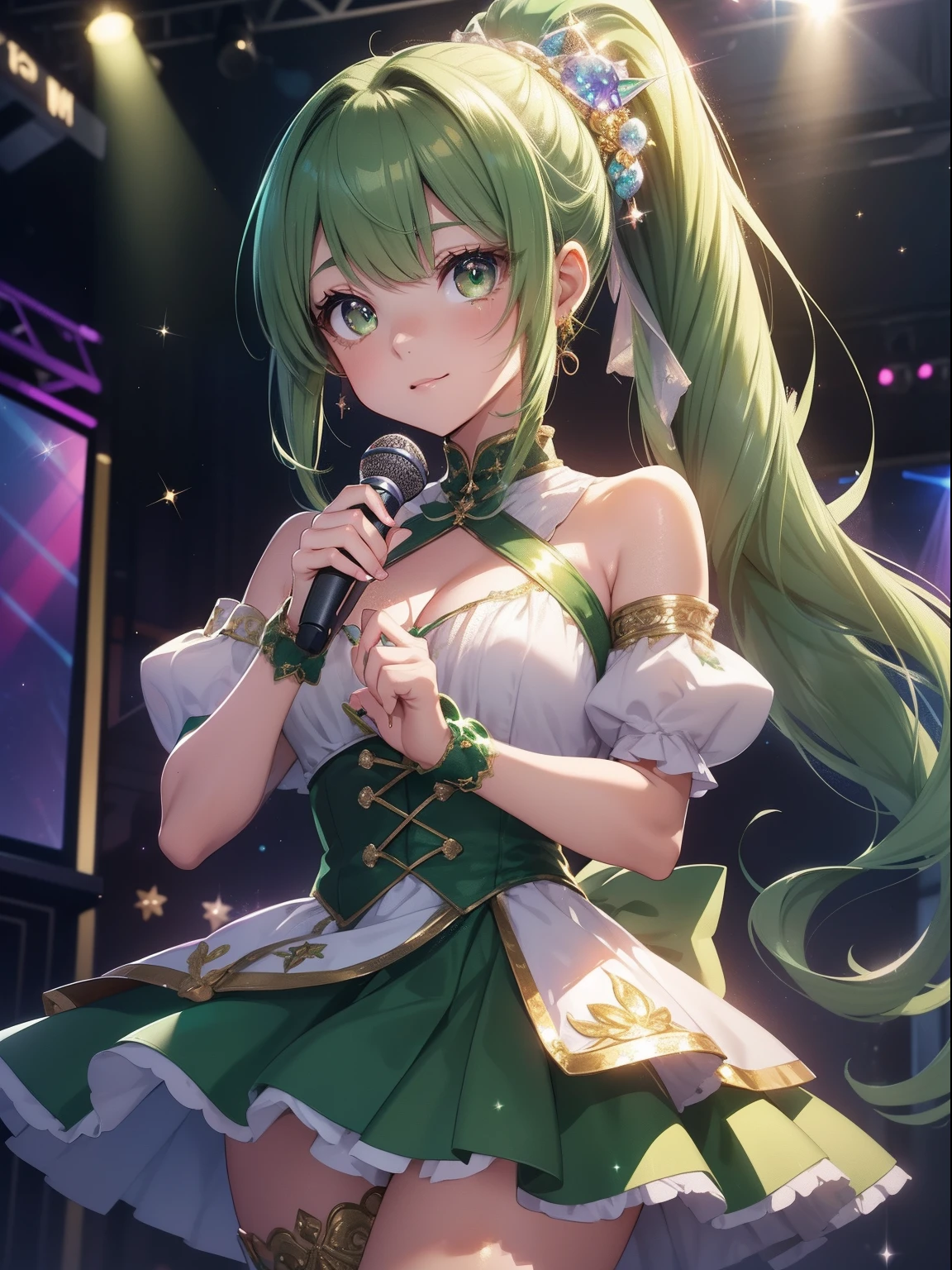masutepiece, High resolution, 8K, anime woman, Delicate and detailed writing 、Detailed digital illustration、Very long hair、poneyTail、Shiny hair、a very beautiful woman、Eyes are double, Large,Little hanging eyes、 Bust E Cup、High image quality, High quality、Detailed background、(((Wearing idol clothes)))、((Glittering live stage backdrop))、The inside of the eye shines like a diamond、light green hair、Gradient pupil、(((2 arms、4 fingers, 1 thumb)))、Detailed female face、Very beautiful and cute woman、、细致背景、masterpiece、Soft Focus , Bright gradient watercolor , Lens Flare , (((Glitter))) , Glow , Dreamy , (((Holding a glitter microphone in your hand)))、a miniskirt、Idol、Light green ribbon、Very beautiful green rose hair accessories、Green and gold costume with white as the main color、((POV))、((PAW Pose)、Cool girl