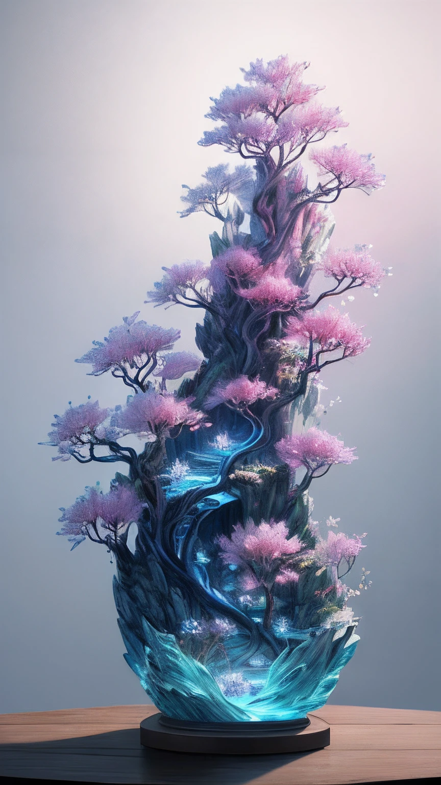 best quality, realistic, photorealistic,  ultra detailed, "Mountain of Flower and Fruit+Fairy+Chinese Architecture" highly detailed carving on "southern ice" porcelain,Ultra wide angle,Accent Lighting,Volumetric Lighting,backlighting, (detailed light),((an extremely delicate and beautiful)),dramatic_shadow,ray_tracing,hdr