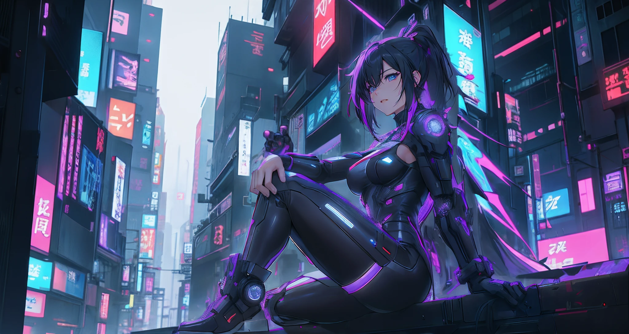 Cyber girl sitting on a ledge in the city at night。Cyberpunk anime art envelops her as digital worlds intersect。Modern cyberpunk art style illuminated by neon lights、It depicts a fusion of an anime girl and a mecha.。This art with a cyberpunk theme is、Feel like a dreamy future。With the scenery of a cyberpunk city lined with skyscrapers、Her presence is enchanting,、It seems to be wrapped in a mysterious magic。