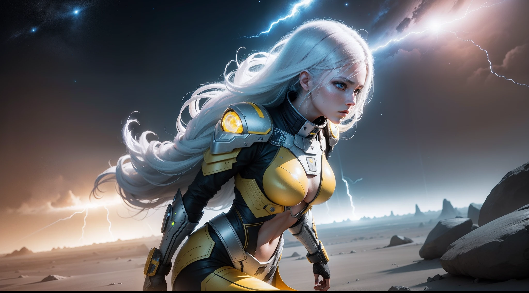 A futuristic female warrior walks on strange white and yellow planets in the darkness of the universe, High definition, Studio photo lighting, Gray brightness detail, 。.3D, 4D, Realistic style, film effect, with lightning bolts, Energy atmosphere, Plasma details