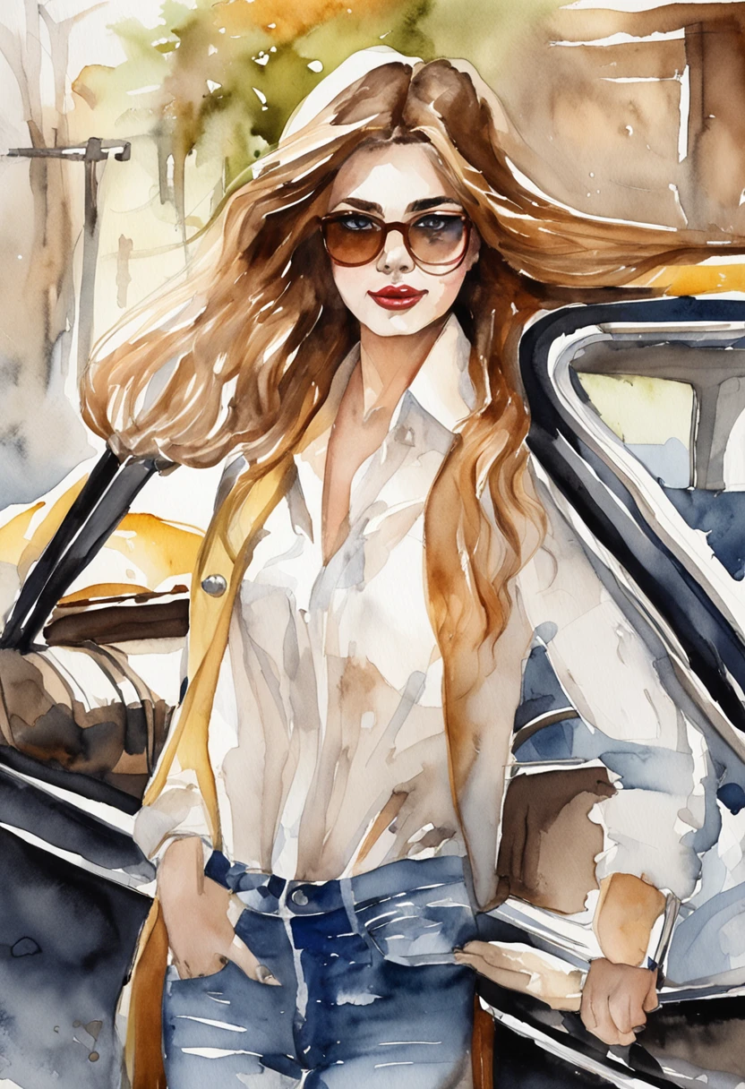 Car sales with glasses,Full body like,Sexy, Hot and charming,Red hair,Fashionable clothing。