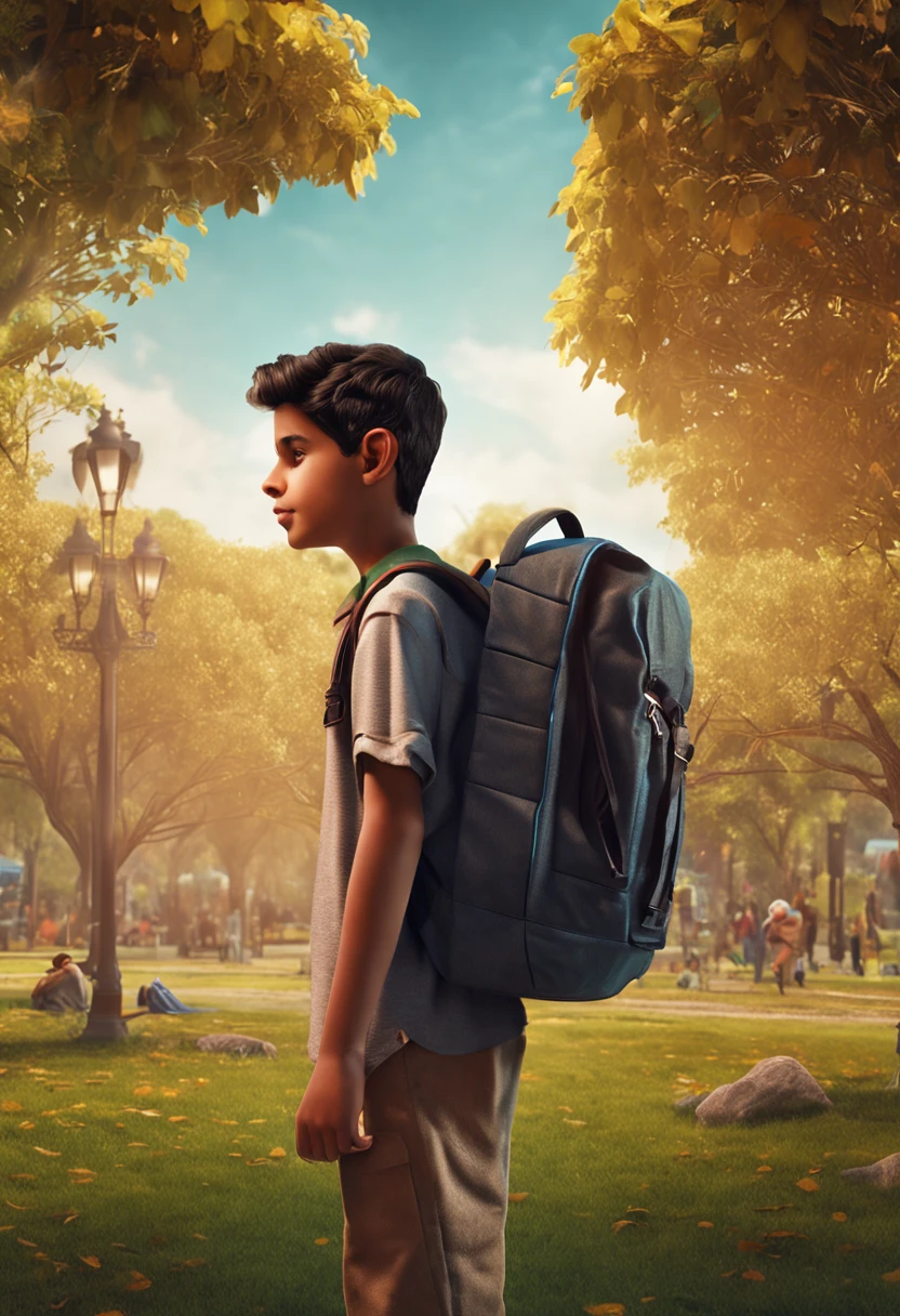pakistani boy, 19 years old ,standing in park,young boy,having bagpack,8k ,realistic