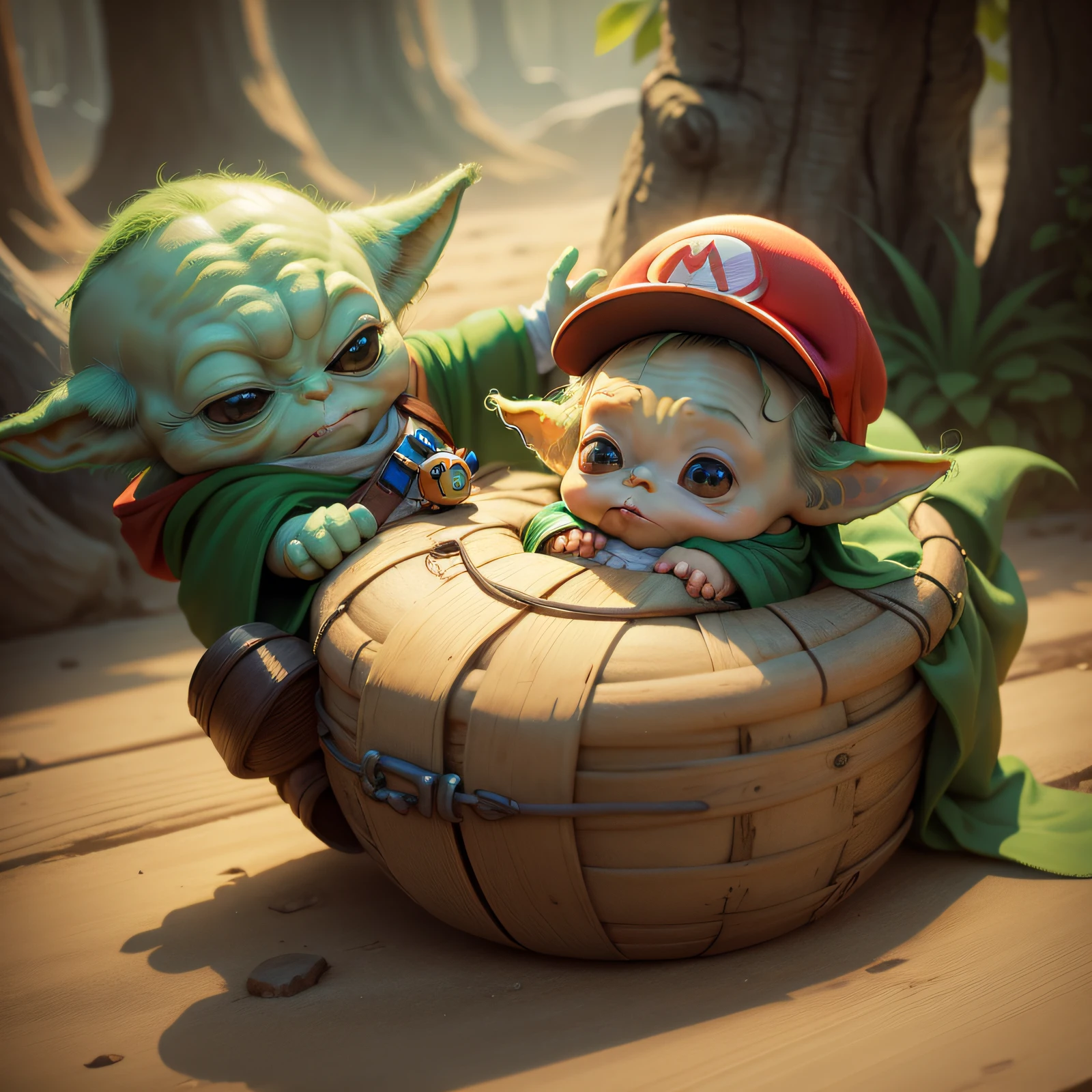 Yoda with Super Mario Hat, an M in the hat