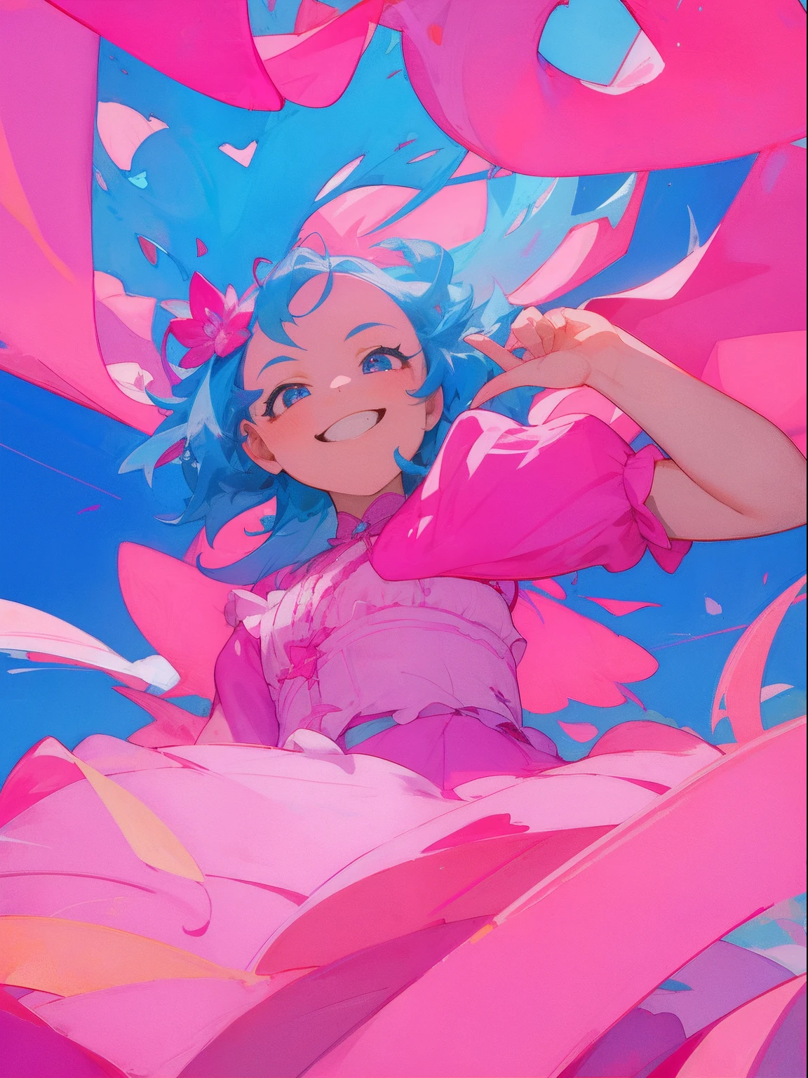 masterpiece, top-quality, 1girl in, The upper part of the body,, shorth hair,Show your teeth and smile , Blue hair,、Pink ruby clothes,、frilld、Angle from below