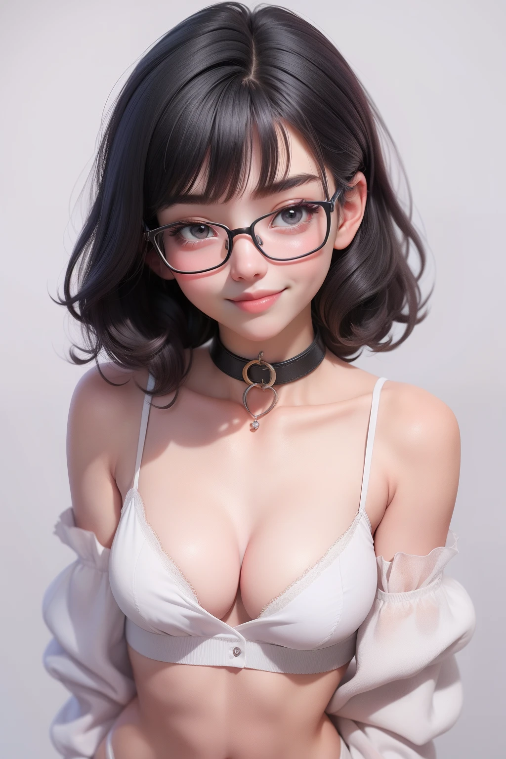 1 cute girl (18yo) glasses, upper body, slim waist, small breast, sexy pose, naugthy face, bangs, random hairstyle, cleavage, navel, collar, collarbone, off shoulder, seductive smile, wear white hot underwear, gray background