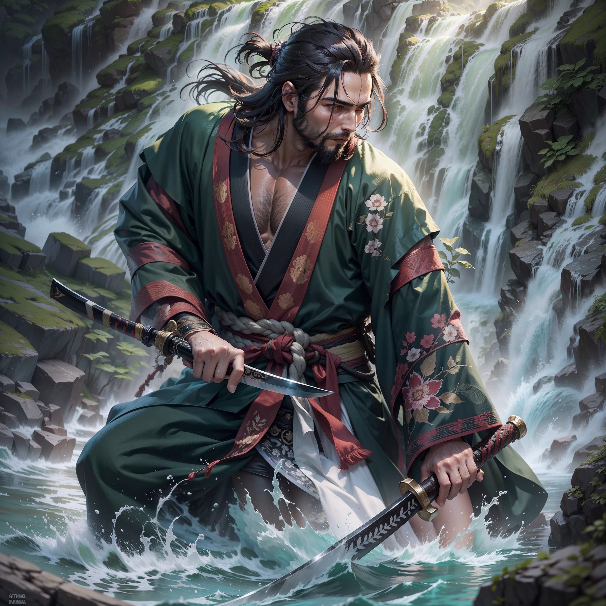 Primer plano de un samurai cortando el agua con su katana,pelo largo y negro con una cicatriz en la frente de un corte,hombre adulto guapo,barba corta,exprecion de pas y tranquilidade fluyendo como el agua,maestro con la espada,samurai con kimono negro,espada super filosa y brillante,debajo de una cascada de agua,cascada con rocas y un rio,estilo anime,arte grafico,alta calidad,alta definicion,obra maestra,calidad profecional de dibujo,muchos detalles,colores definidos,lineas gruesas,