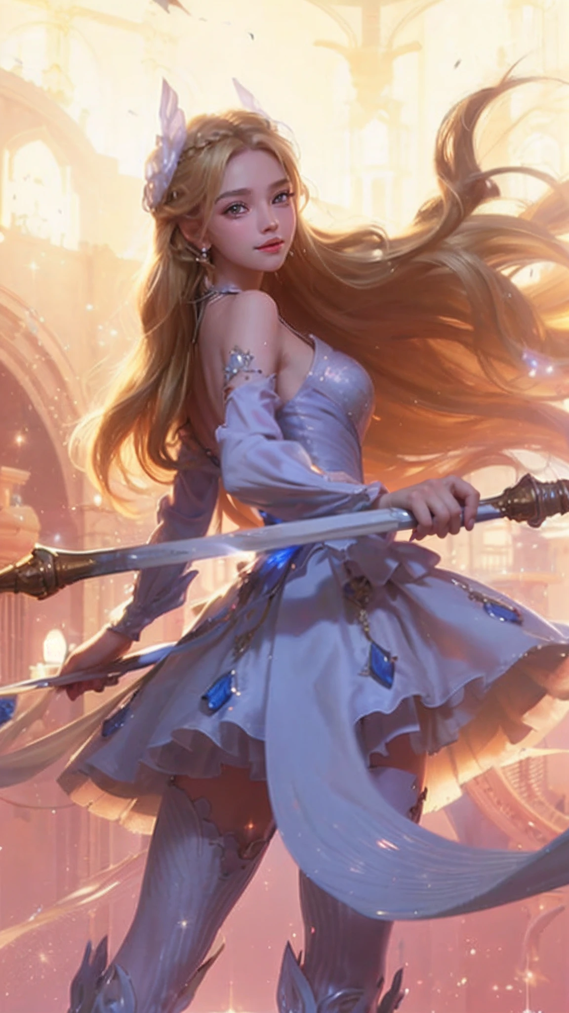 1girll, magic wand, smile,（Enchanted quality：1.4），（True textured skins of the highest quality), Delicate face, Blonde hair, front braid, Gradient Hair, petite body,（perfect bodies：1.1）, There is a jewel on the forehead, rimless eyewear, PUPILS SPARKLING，long eyelasher,grin, hyperphotorealism, Cinematic lighting, projected inset, surrealism, hyper HD, masutepiece, 16 K，Lie down，Dream On，Please wear clear silk pajamas,Carmelto,legs slightly open，tattooed，Fantasy space，Luxurious space, True wearing texture, magic wand texture, realistic hair texture, magic glow effect
