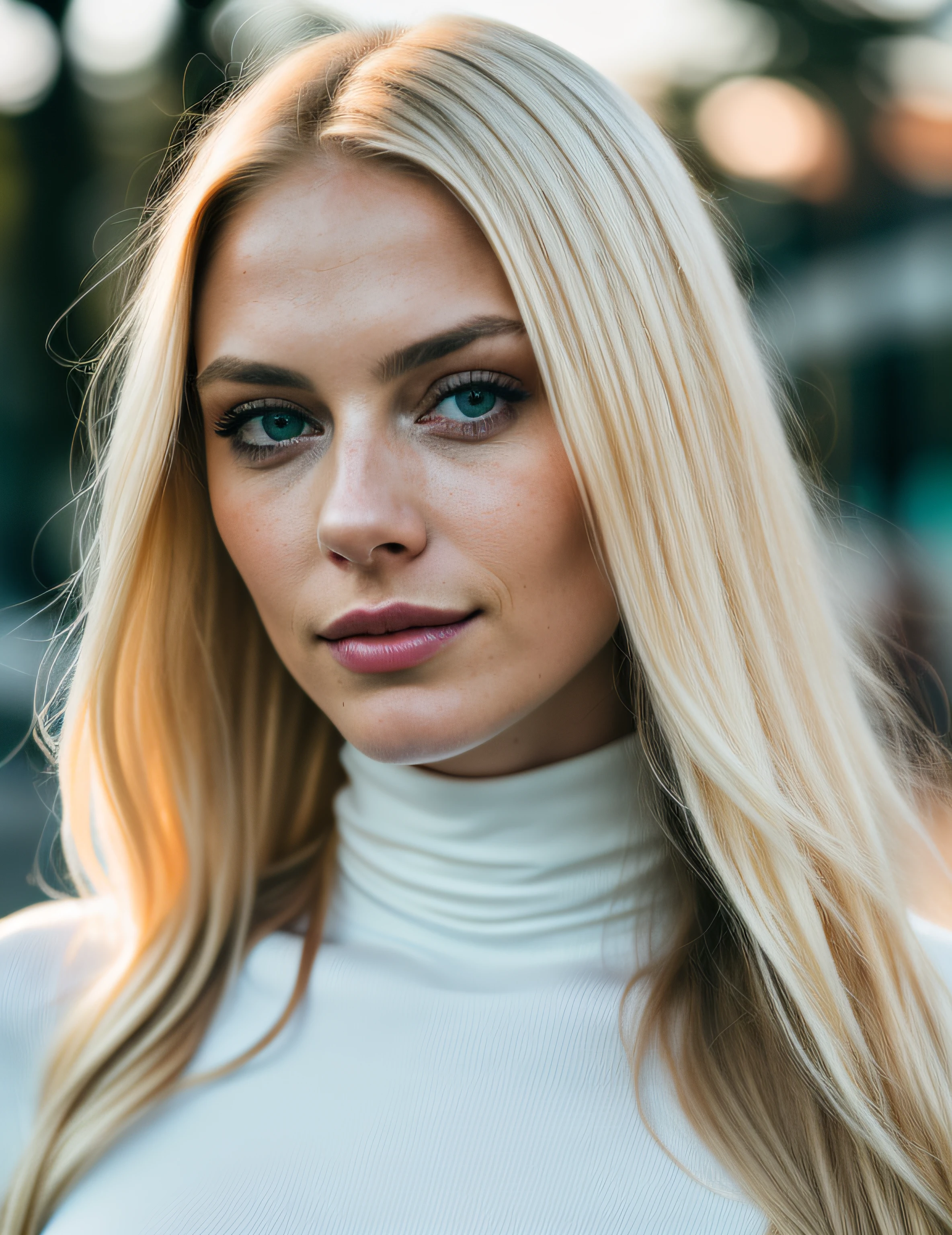 detailed and realistic portrait of beautiful (Alice01-100), sexy, 25yo, blonde_hair, blue_eyes, long_hair, closed_mouth, lips, smile, jewelry, wearing a white bodysuit turtleneck, looking_at_viewer, shot outside, soft natural lighting, portrait photography, magical photography, dramatic lighting, photo realism, ultra-detailed, intimate portrait composition, Leica 50mm, f1. 4,