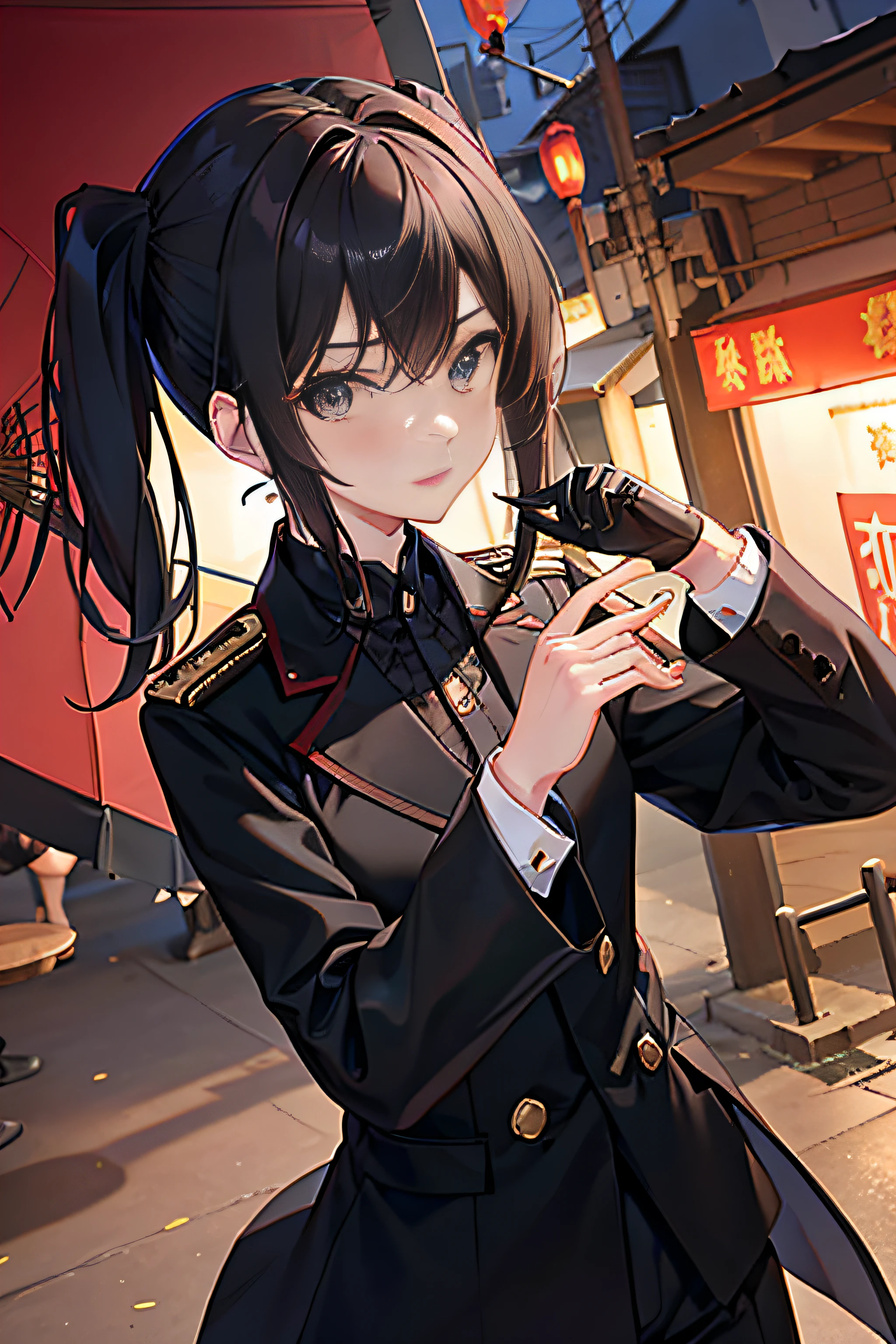 chineseidol，Asia face，Smart and witty，Calm and composed，secret agent，Republican architectural style，the city street，Royal sister，Kuomintang military uniform，a black trench coat，black long pants，Stand on the city street，Buildings as a background