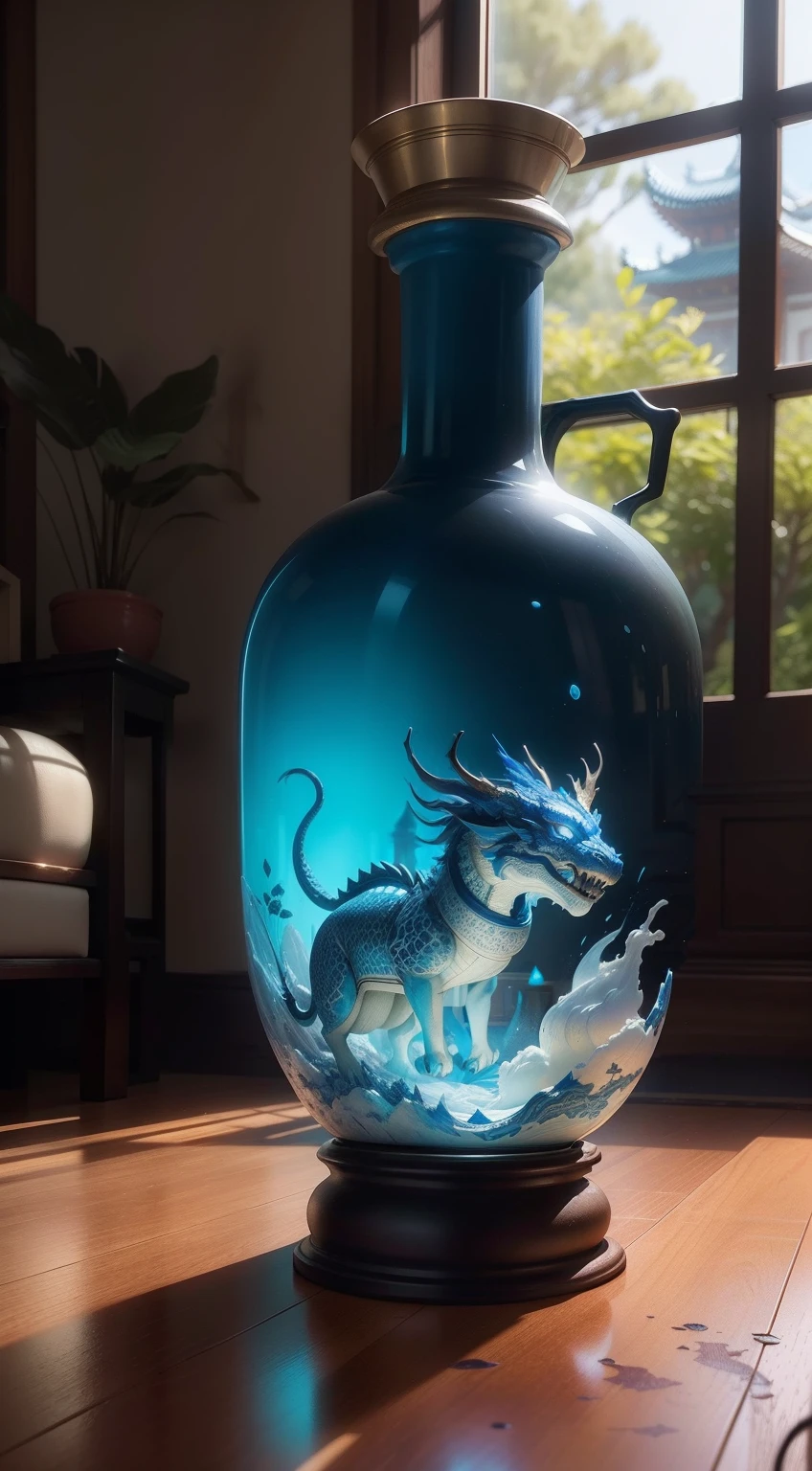 Ancient Chinese blue and white porcelain vase,Close-up of details,,Well-made porcelain vases,Sleek shape,A coiled dragon is carved around the bottle,Delicate blue and white enamel,The porcelain vase has a beautiful three-dimensional painting pattern,Porcelain white bottle,Convex three-dimensional pattern of blue lines,Intricate patterns of ancient animals and figures,Dazzling light,Elevation viewing angle,In the background is an old Chinese living room,Carved wooden coffee table,Features a layered depth of field effect(light and shadow effect),(Depth of field effect),(Tyndall),(Light particle tracing),(CG),(Cinematic lighting visuals),(Volumetriclighting),(Unreal 5),(cinema4d),(vivd colour),(Obvious layers),(Photography Award),(8k wallpaper),(Masterpiece),(best qualtiy), photorealestic,realisticlying