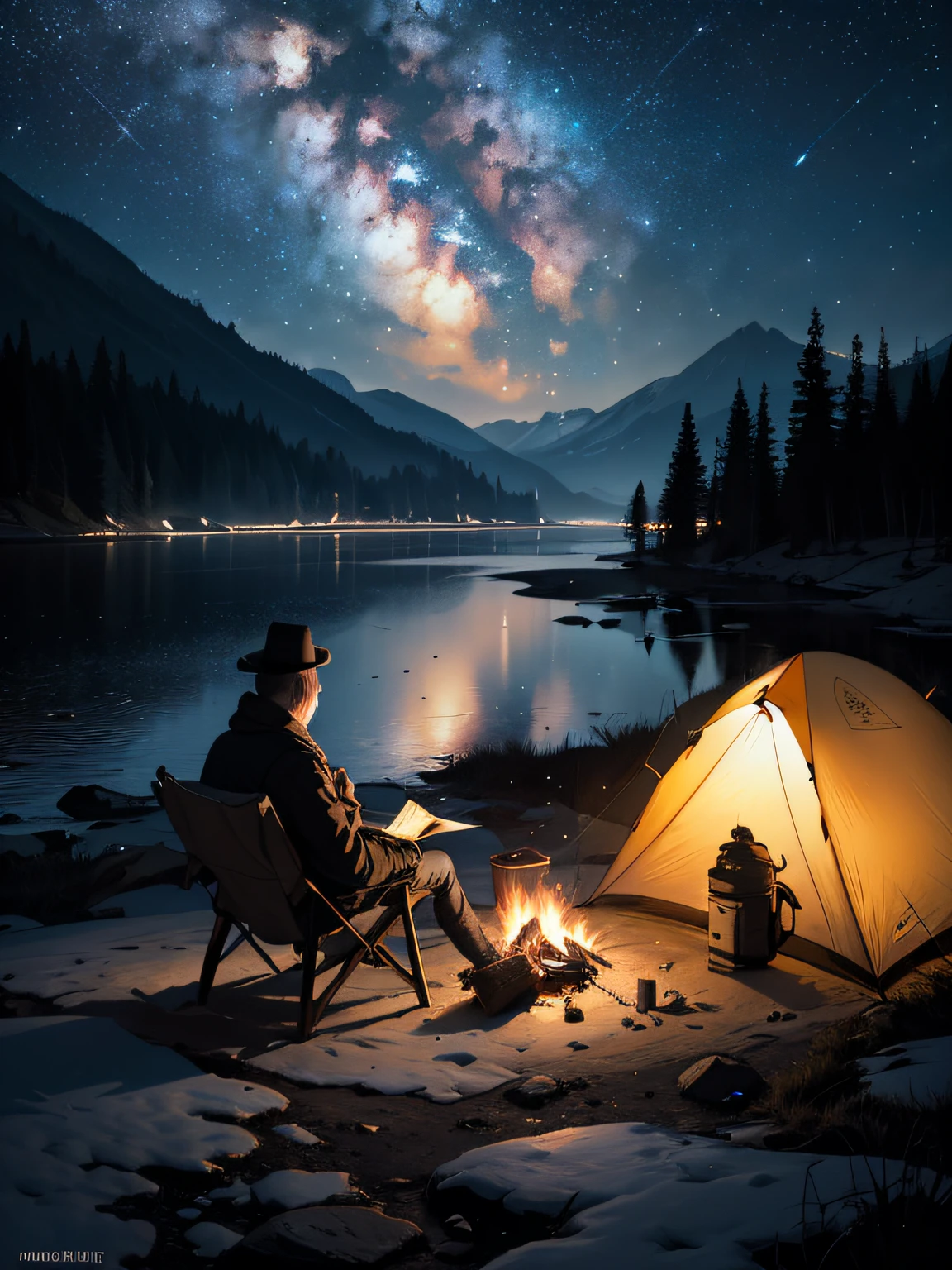 masterpiece, best quality, ultra-detailed, illustration, 1man, solo, outdoors, camping, night, mountains, nature, stars, moon, bonfire, tent, skinhead, brown eyes, cheerful, happy, backpack, sleeping bag, camping stove, water bottle, mountain boots, gloves, sweater, hat, flashlight, forest, rocks, river, wood, smoke, shadows, contrast, clear sky, constellations, Milky Way, peaceful, serene, quiet, tranquil, remote, secluded, adventurous, exploration, escape, independence, survival, resourcefulness, challenge, perseverance, stamina, endurance, observation, intuition, adaptability, creativity, imagination, artistry, inspiration, beauty, awe, wonder, gratitude, appreciation, relaxation, enjoyment, rejuvenation, mindfulness, awareness, connection, harmony, balance, texture, detail, realism, depth, perspective, composition, color, light, shadow, reflection, refraction, tone, contrast, foreground, middle ground, background, naturalistic, figurative, representational, impressionistic, expressionistic, abstract, innovative, experimental, unique