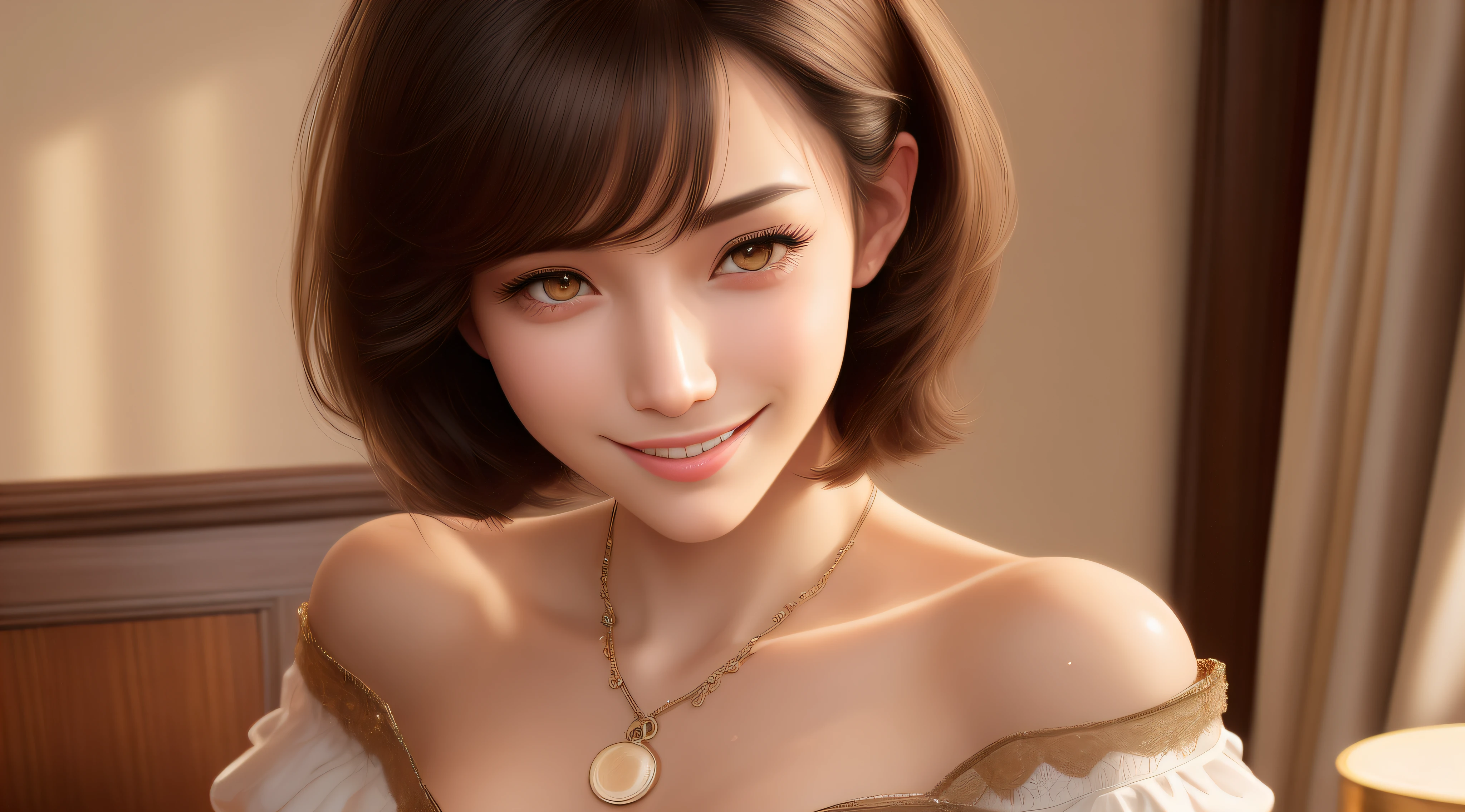 pretty anime woman with perfect figure: 1.4, dark brown hair, big, wearing pendants, torn shorts, sleeping in bedroom, very detailed face and skin, detailed eyes, double eyelids, top quality, masterpiece, (photorealistic: 1.4), one woman, golden ratio, high angle shot, upper eye care, low angle shot, perfect face, beautiful figure, cute face, face close-up, zoom in on face, short bob, short hair, smile from different angles, smile, gloss, highlight, gloss, glossy on skin, glossy on skin, wet skin, wet, bangs, cute smile, bust, off-shoulder, refreshing charm, elegant, perfect hands, smile from angle, smile, shiny, highlight, glossy skin, bangs, bust, big, Warm off-shoulder, refreshing charm, ears out, gaze to the camera, poses at different angles