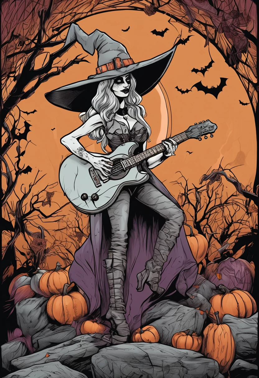 2D ,Quality details, Halloween full body Anime witch hat stand playing guitar rock and roll style , Halloween pumpkins, Bats, intense look, full body, intricate details, highly detailed, ultra high quality, art illustration ,highly detailed, sharp focus, matte painting, epic, dynamic posture, solid colors details, 2D, Quality Black outlines, remove background