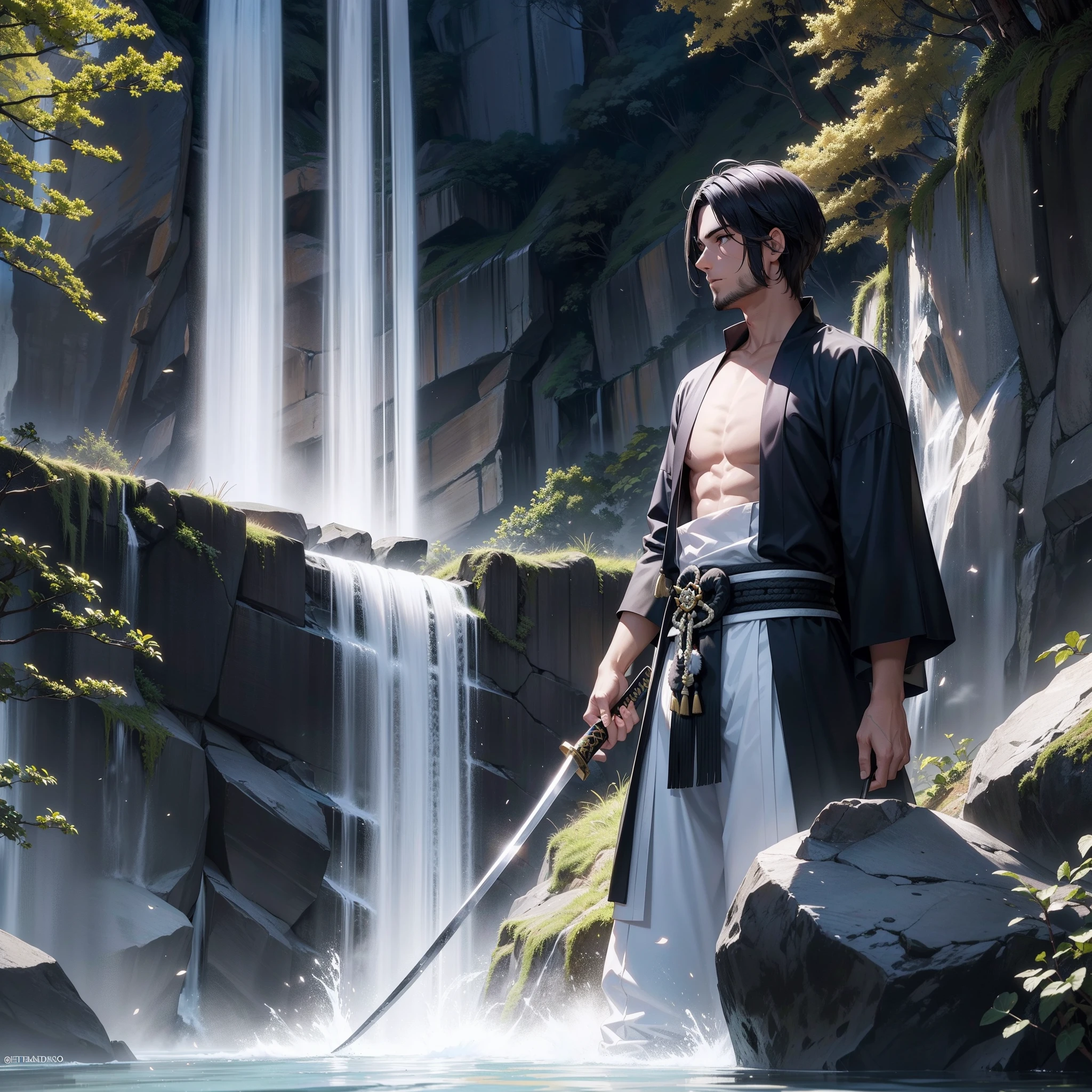 Primer plano de un samurai cortando el agua con su katana,pelo largo y negro con una cicatriz en la frente de un corte,hombre adulto guapo,barba corta,exprecion de pas y tranquilidade fluyendo como el agua,maestro con la espada,samurai con kimono ?????,espada super filosa y brillante,debajo de una cascada de agua,cascada con rocas y un rio,estilo anime,arte grafico,alta calidad,alta definicion,obra maestra,calidad profecional de dibujo,muchos detalles,colores definidos,lineas gruesas,