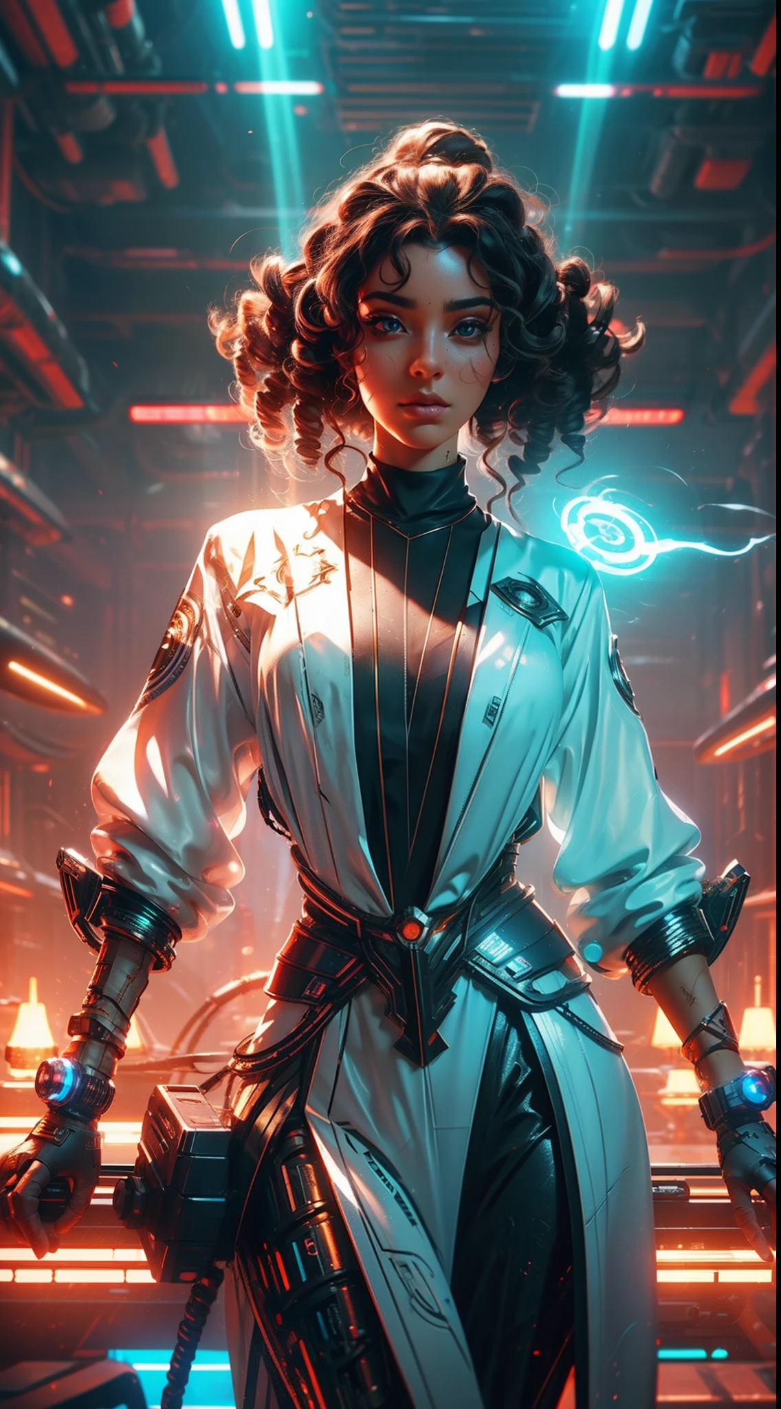 Futuristic portrait of a usa businesswoman with drill hair, regal ringlets, corkscrew curls, sci-fi, tech wear, glowing lights, direct gaze, symmetry, depth of field, intricate, elegant, highly detailed, digital painting, artstation, concept art, smooth, sharp focus, illustration, art by Greg Rutkowski, and Borris Vallejo, lense flare effects, Unreal engine 5 effects.
