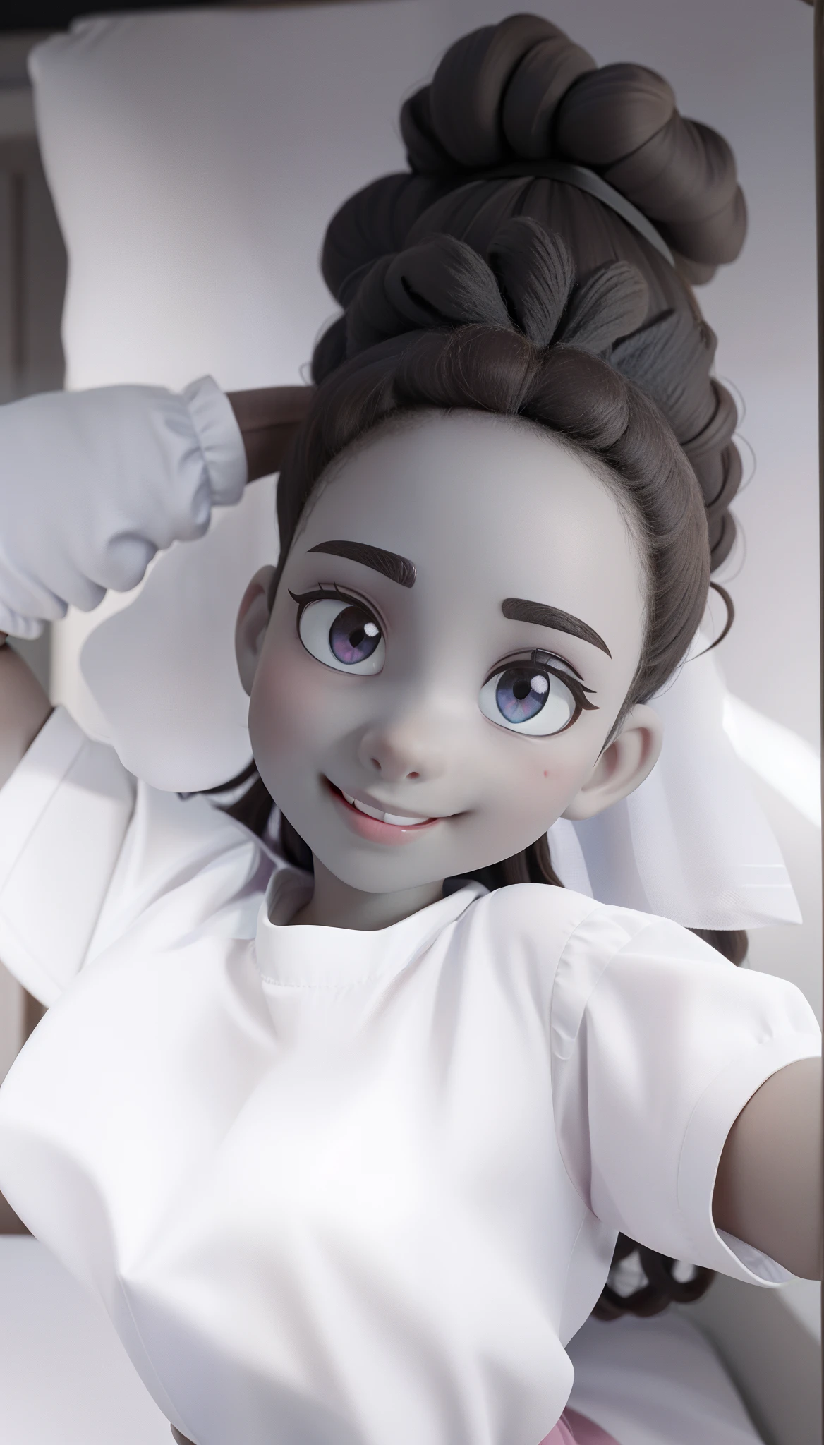 Black little girl, long curly hair with ribbon, blue shirt, Pink shirt, beeautiful curly hair, beautiful face, Brown curly hair, brown colored eyes, beautiful, romantic, looking at the camera, delicate face, smile, intricate detail, 4k, high resolution, Pixar Cartoon style picture