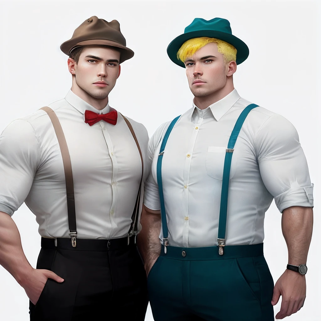Blue suspenders，Brown hat，White color blouse，short yellow hair，male people，The muscles are huge