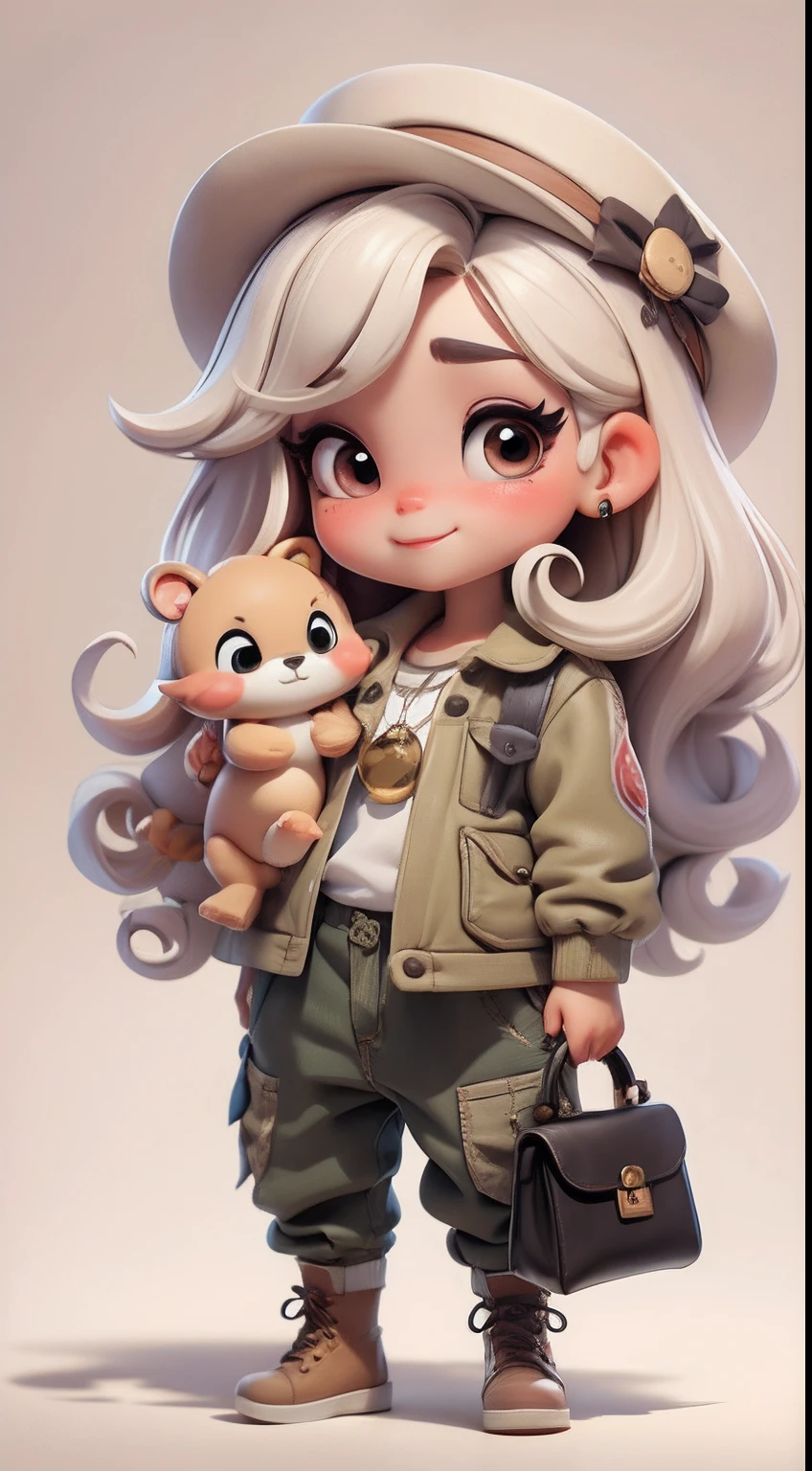Create a series of cute cute baby chibi style dolls with a cute safari theme, each with lots of detail and in an 8K resolution. All dolls should follow the same solid background pattern and be complete in the image, mostrando o (corpo inteiro, incluindo as pernas: 1.5)
Boneca Mini Safari: Chame-a de Marina. Ela deve ter cabelo pequeno em tom preto marrom. Seus olhos devem ser grandes e expressivos, with long eyelashes and rosy cheeks. Sorriso delicado e branco. Marina deve estar vestida com uma jaqueta, Camiseta, pants and an ornate safari hat. She must hold safari accessories. Certifique-se de adicionar detalhes nas roupas, such as buttons and pockets, sapato bonito
Certifique-se de adicionar sombras, texturas e detalhes nos cabelos, roupas, Safari utensils, to make them even more adorable and charming.