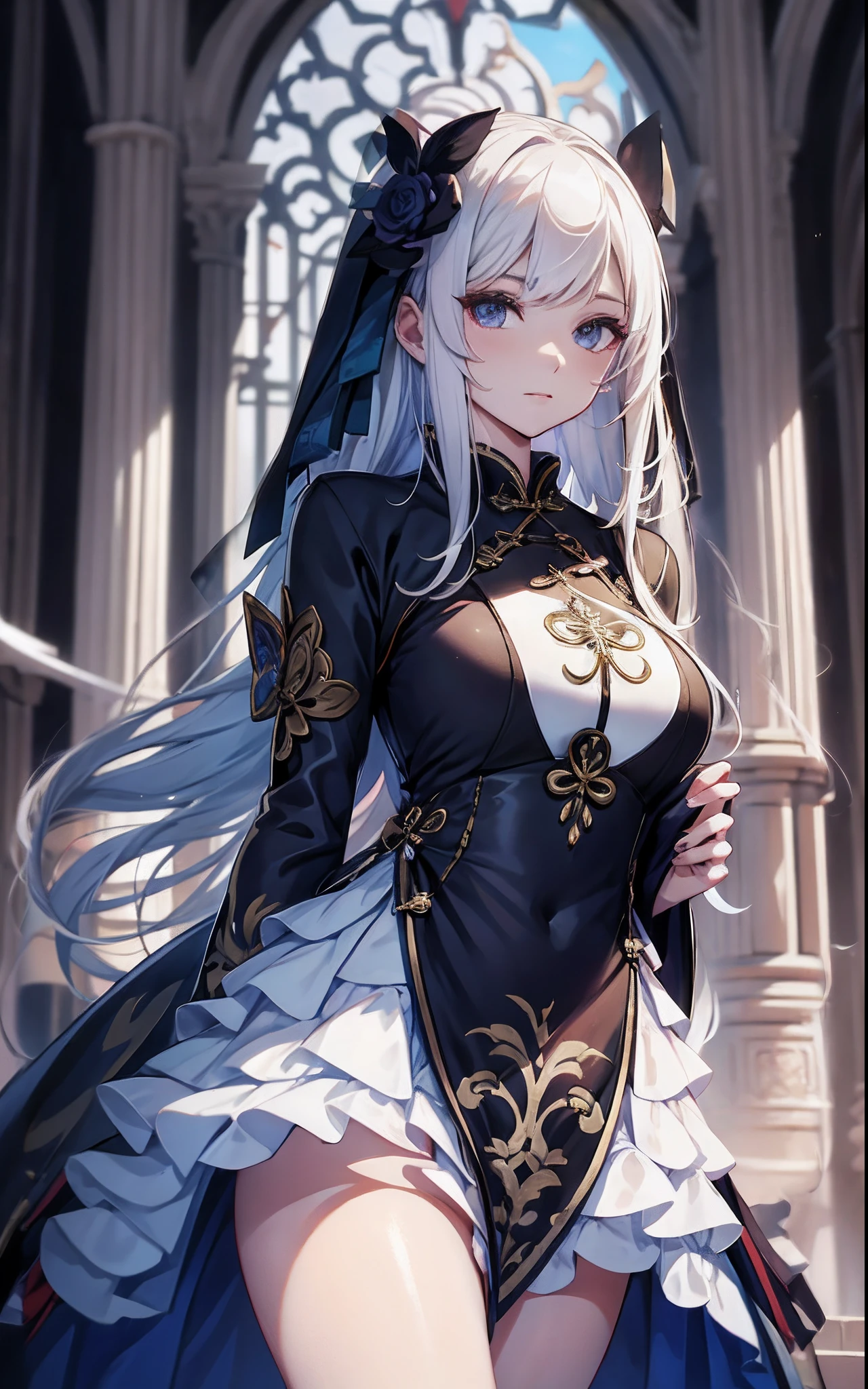 best qualtiy,tmasterpiece,Ultimate Resolution,downy,highly colorful,Colorful,saintess,silver white hair,a matural female,Crop topping,Nun dresses and cheongsam dresses,Frill panniers, Metamorphosis is exposed,cathedral,sanctuary,Normal posture
