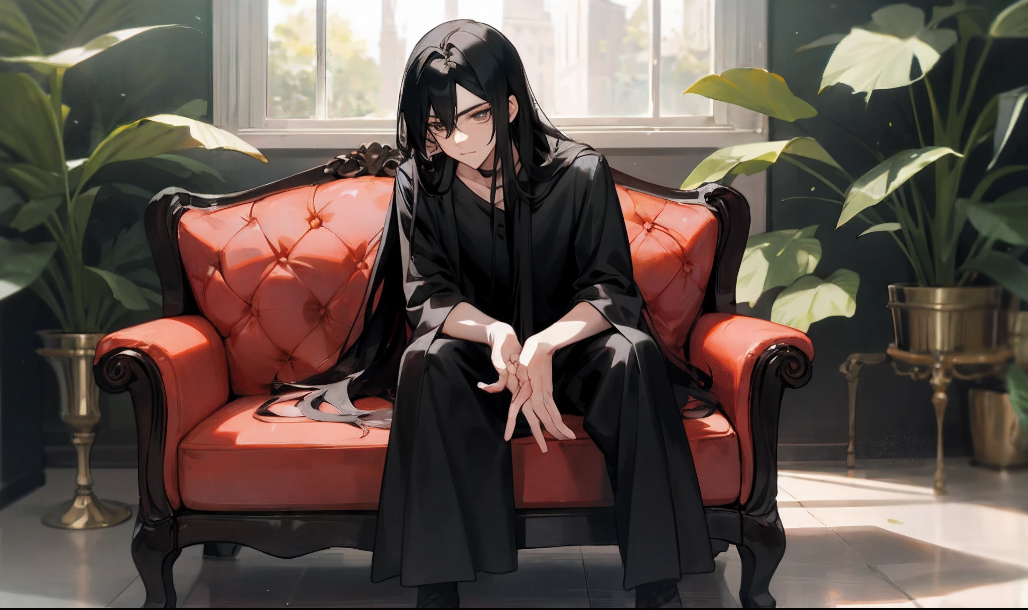Long black hair, male sofa, sitting position, one-handed head