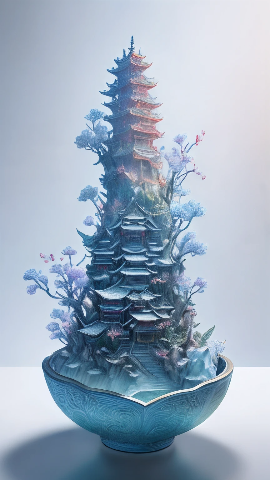 best quality, realistic, photorealistic, ultra detailed, "Mountain of Flower and Fruit+Fairy+Chinese Architecture" highly detailed carving on "southern ice" porcelain,Ultra wide angle,Accent Lighting,Volumetric Lighting,backlighting, (detailed light),((an extremely delicate and beautiful)),dramatic_shadow,ray_tracing,hdr