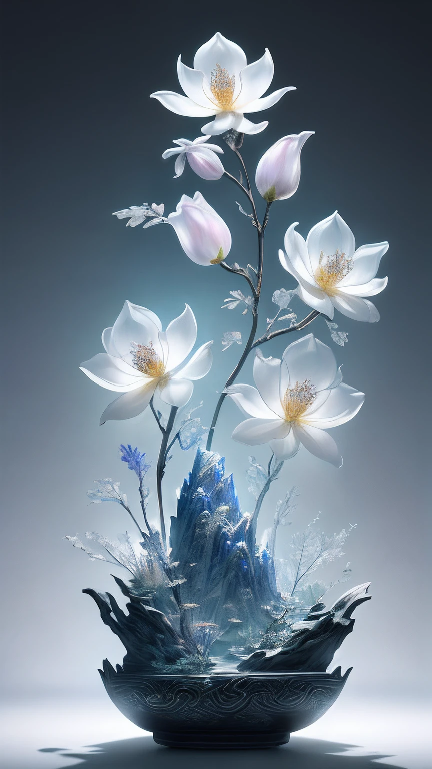 best quality, realistic, photorealistic, ultra detailed, "Mountain of Flower and Fruit+Fairy+Chinese Architecture" highly detailed carving on "southern ice" porcelain,Ultra wide angle,Accent Lighting,Volumetric Lighting,backlighting, (detailed light),((an extremely delicate and beautiful)),dramatic_shadow,ray_tracing,hdr