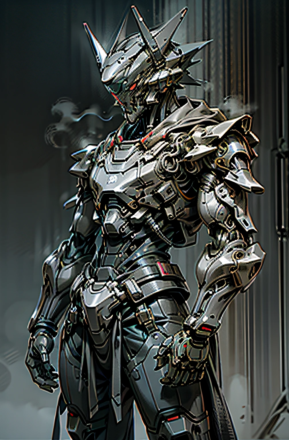 Dark_Fantasy,Cyberpunk,1manMechanical marvel,Robotic presence,Cybernetic guardian, samurai mechanical armour, katana on the waist, absolutely stunning art,wearing a black cloak, highest quality art, highest resolution, hyper detailed,black and red, futuristic, samurai robot, atmospheric,8k,64k, HD, unparalleled masterpiece, dynamic lighting, cinematic, epic