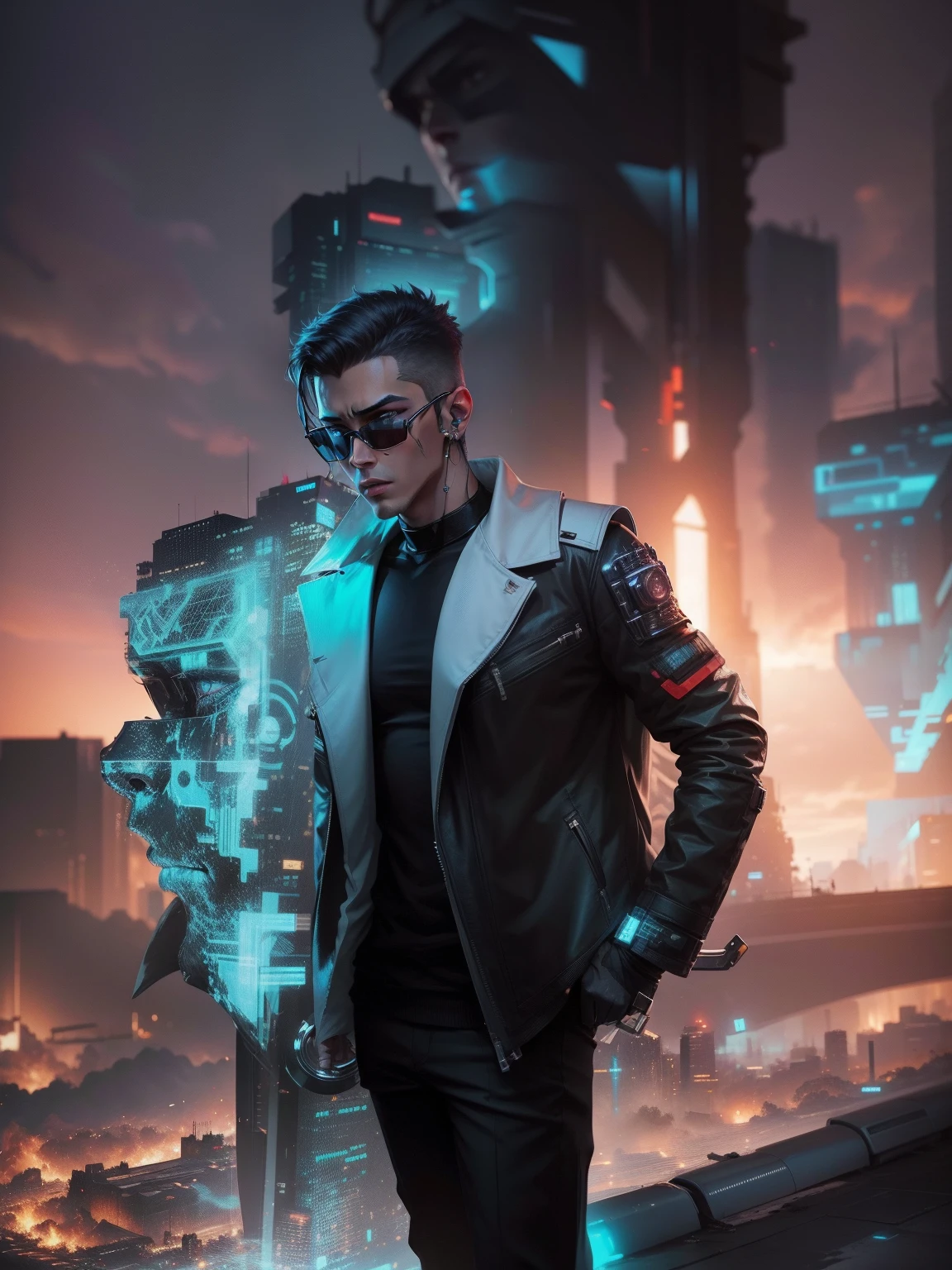 Change background cyberpunk handsome boy, realistic face, 8k, ultra realistic