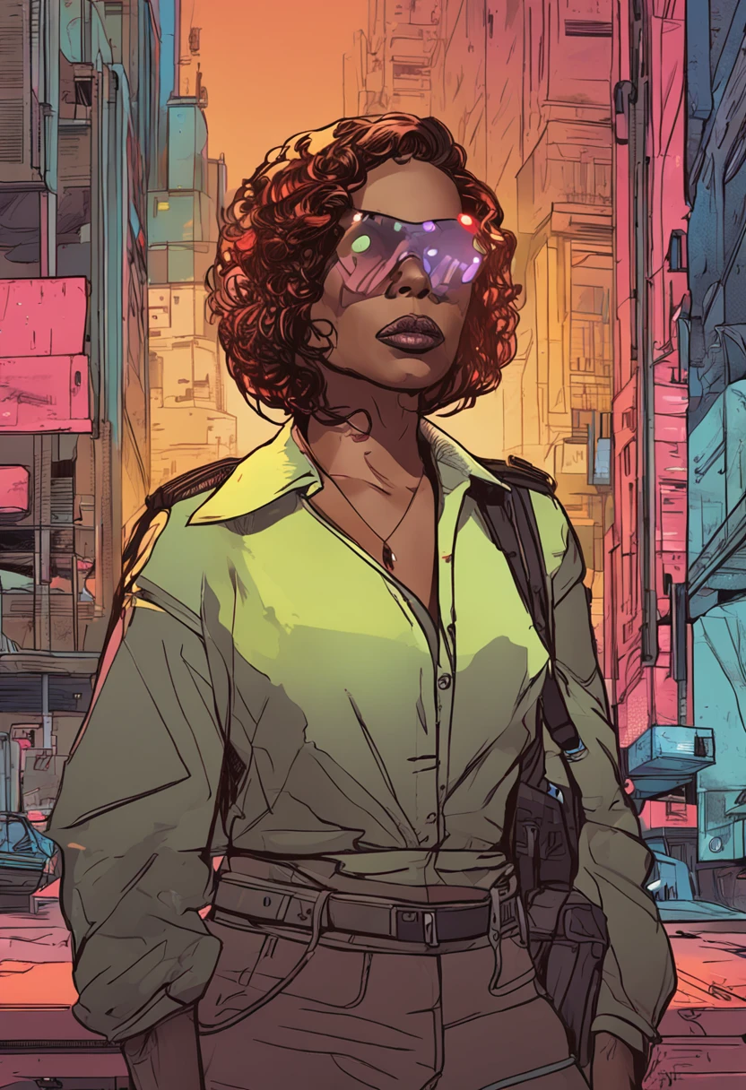 Futuristic portrait of a US businesswoman with short hair, negra , scientific fiction, tech wear, luzes brilhantes, Olhar Direto, simetria, profundidade de campo, intrincado, elegante, altamente detalhado, pintura digital, art-station, arte conceitual, liso, foco nítido, illustration, Arte de Greg Rutkowski, e Borris Vallejo