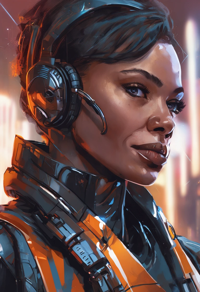 Futuristic portrait of a US businesswoman with short hair, negra , scientific fiction, tech wear, luzes brilhantes, Olhar Direto, simetria, profundidade de campo, intrincado, elegante, altamente detalhado, pintura digital, art-station, arte conceitual, liso, foco nítido, illustration, Arte de Greg Rutkowski, e Borris Vallejo