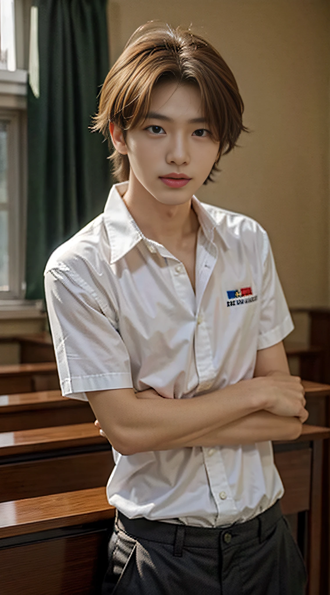 tmasterpiece,best qualtiy,hight resolution,超A high resolution,1 male、Johnny's,realisticlying,Young men,韓国アイドル、Handsome face,natural soft light,looking at viewert,student clothes、Classroom